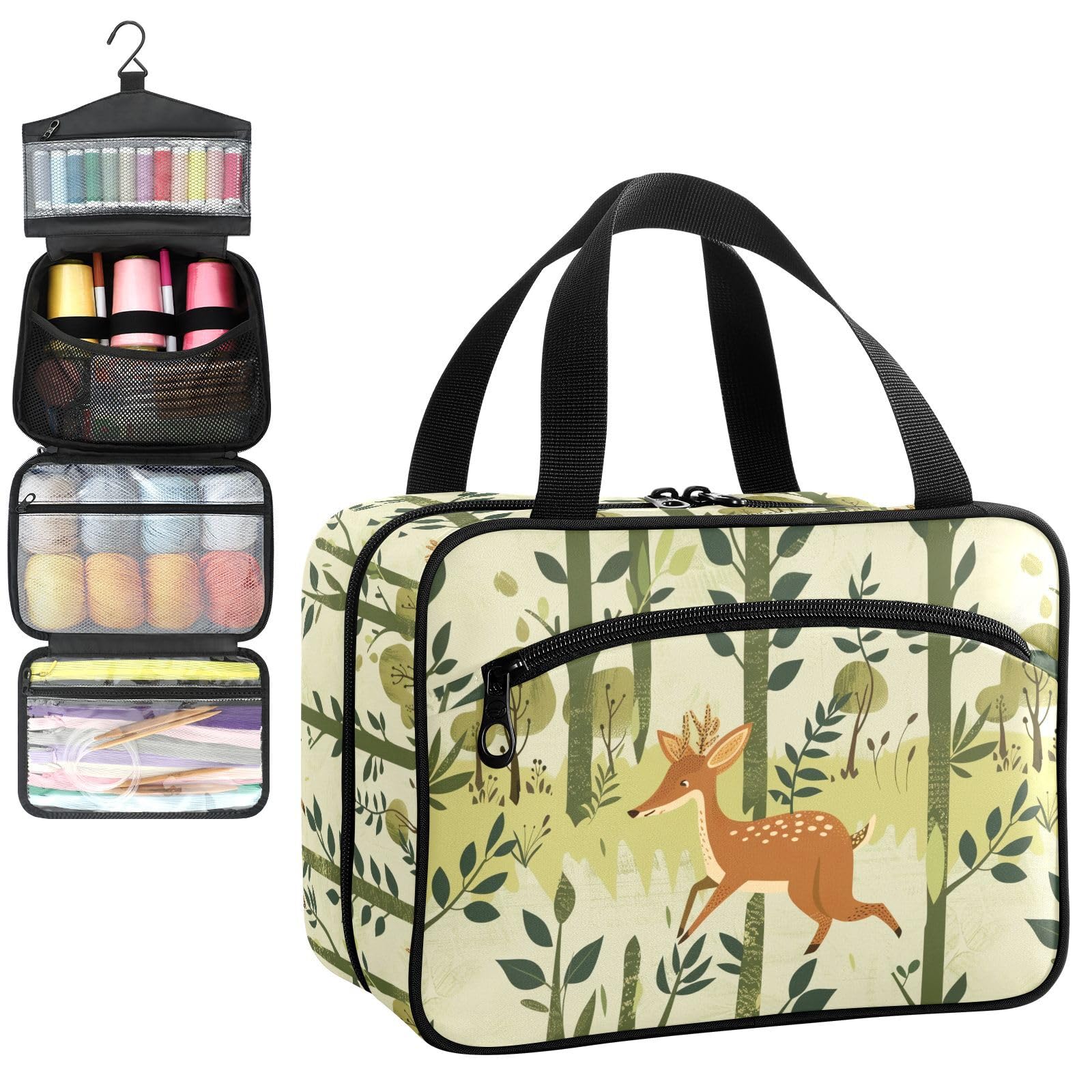 YNNALE Sewing Supply Organizer Bag, Retro Forest Deer Green Tree Deers Portable Sewing Bags with Pockets&Hanger, Sewing Storage Box Case for Sew Supplies/Kit/Tools/Accessories (BAG ONLY)