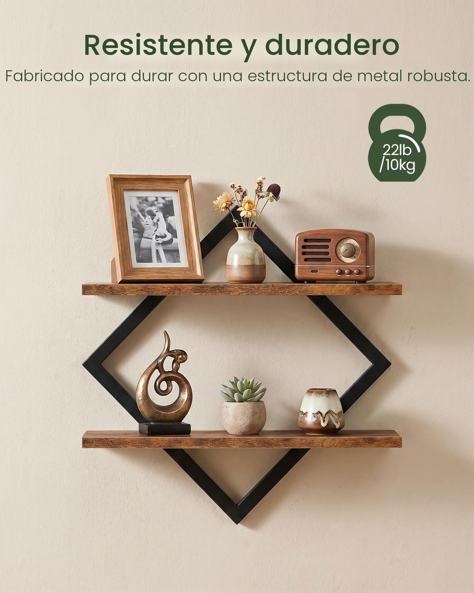 CHOEZON Estanterías Flotantes de Pared, Juego de Estantes de 2 Piezas, Estantes de 2 Niveles, para Sala de Estar, Dormitorio, Cocina, Oficina, Estudio, Marrón Vintage y Negro DTBJ01P2BF