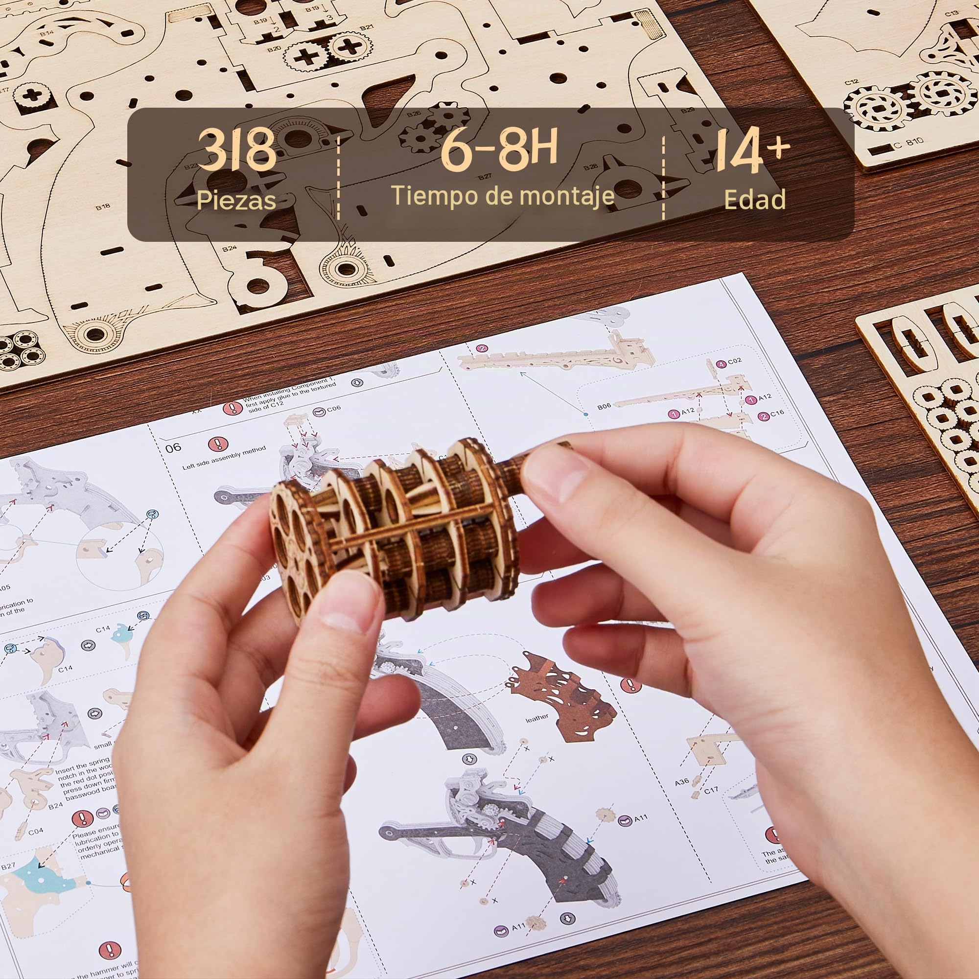 FUNPOLA Puzzle 3D de Madera Revólver Steampunk – Kit de Montaje DIY de revólver mecánico, Regalo Creativo y único para Adultos y Adolescentes (Negro)