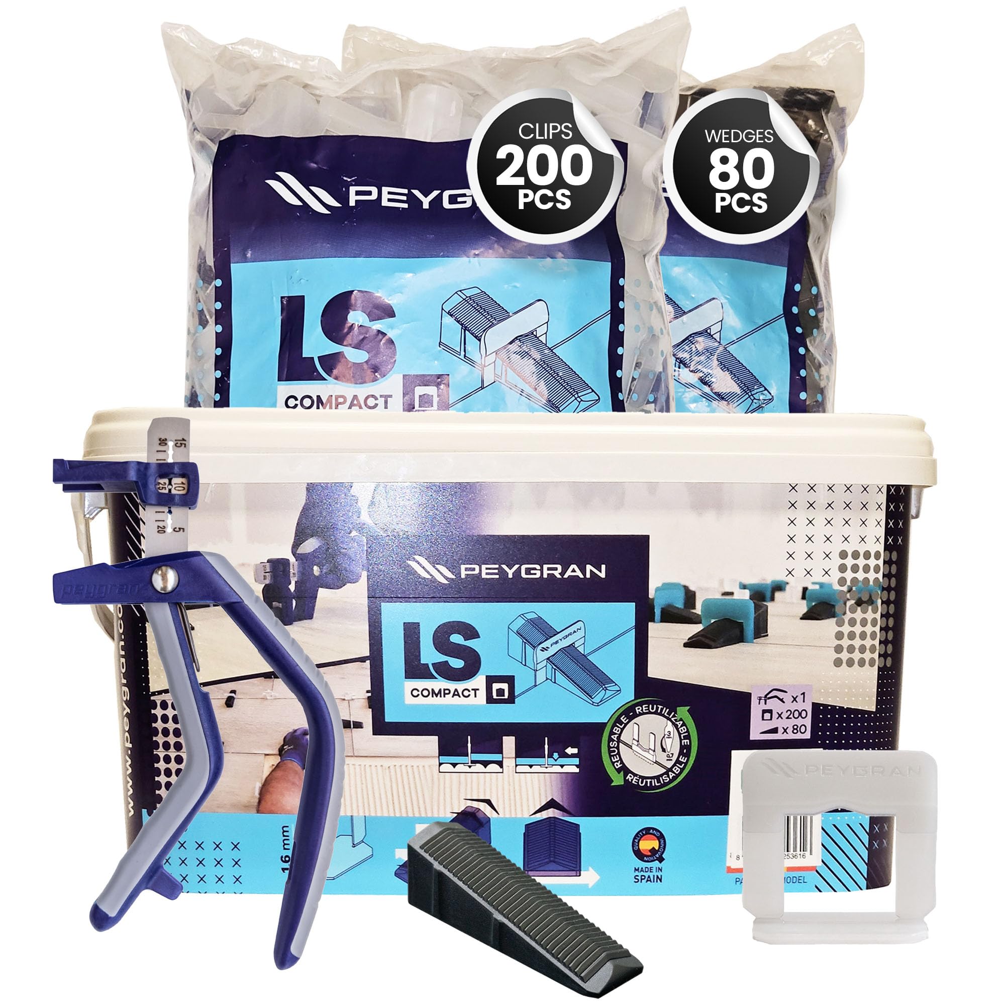 Peygran Tile Leveling System – Compact Kickstarter Kit 1/51” (0.5mm): Installation Pliers, 200 Spacer Clips and 80 Wedges – Heavy-Duty, High-Performance Tool Kit for PROs & DIY Home Improvement