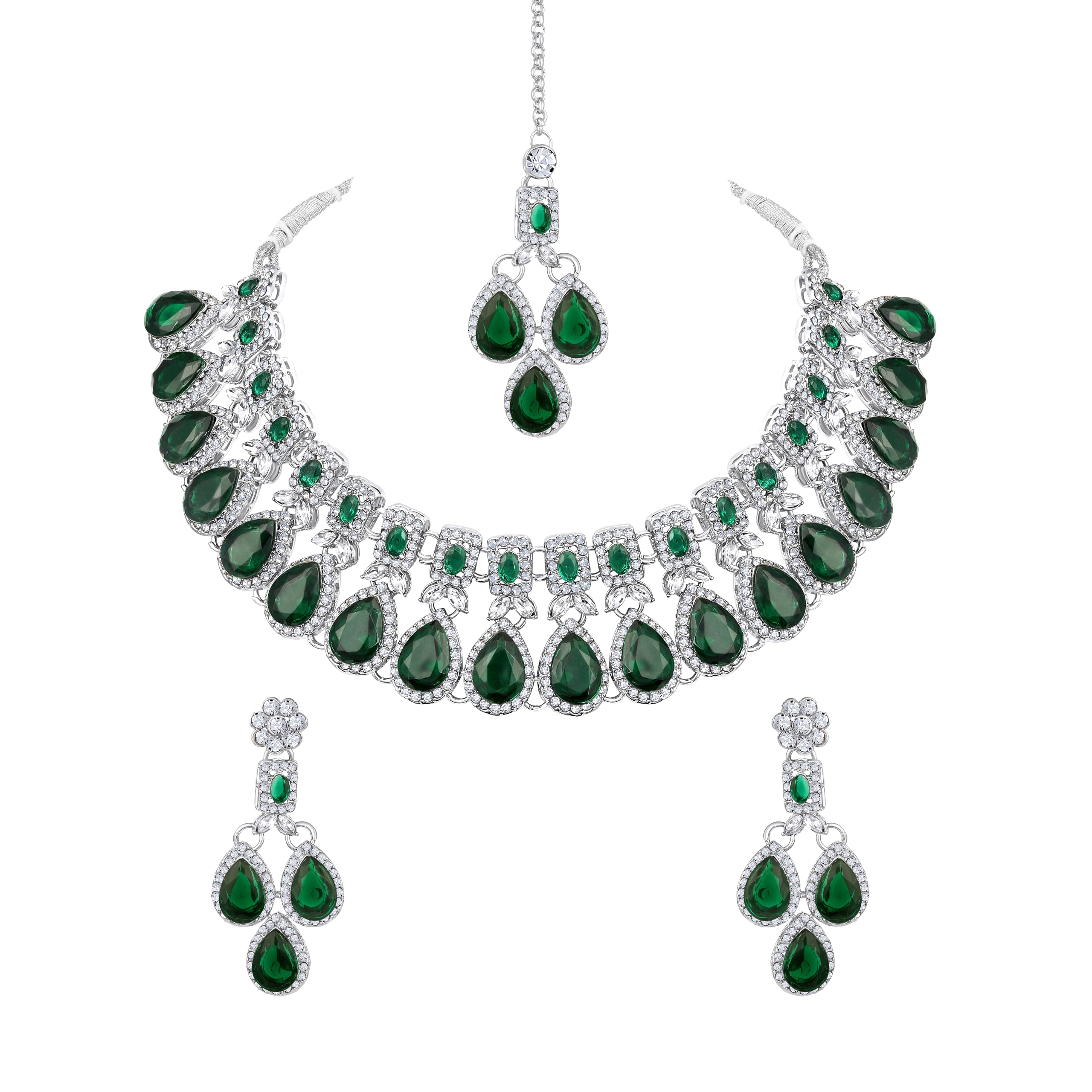 Kundan Polki and Crystals Traditional Necklace with Earrings and Maang Tikka for Women - Jewellery Set for Party, Wedding, Engagement-image-45