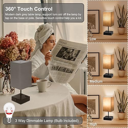 Miniatura 3 de Sailstar Lámpara de mesa gris oscuro, lámpara de control táctil regulable de 3 vías, lámparas de noche con 2 tomas, lámpara de mesita de noche