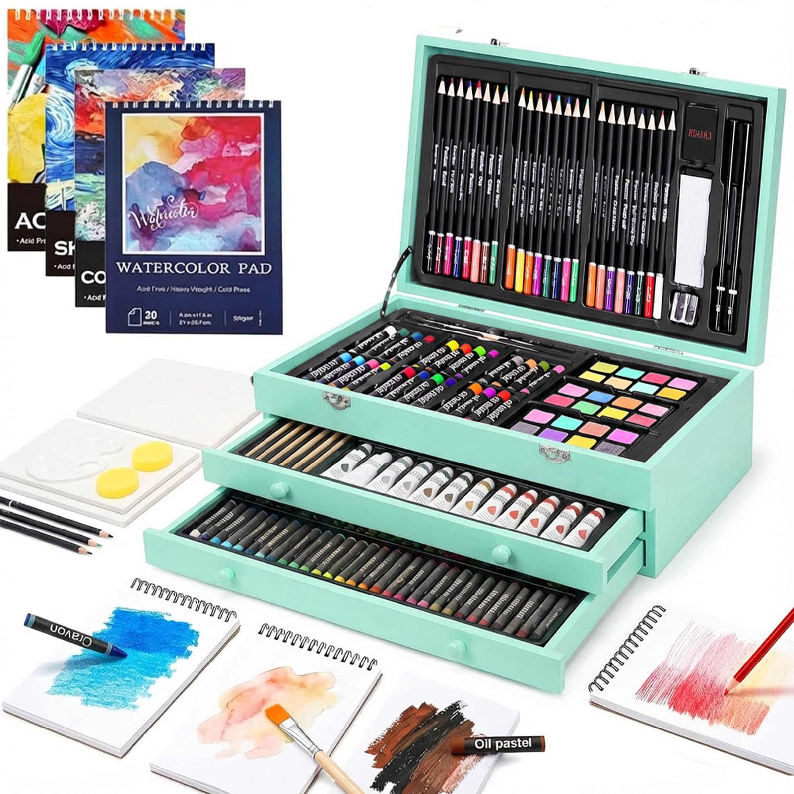 194 Piece Deluxe Art Set, Painting Drawing Art Supplies with 4 Drawing Pads, Acrylic Paints, Crayons, Colored Pencils Set in Wooden Case, Art Kit Gift Box for Kids, Teens, Adults, Artists, Beginners