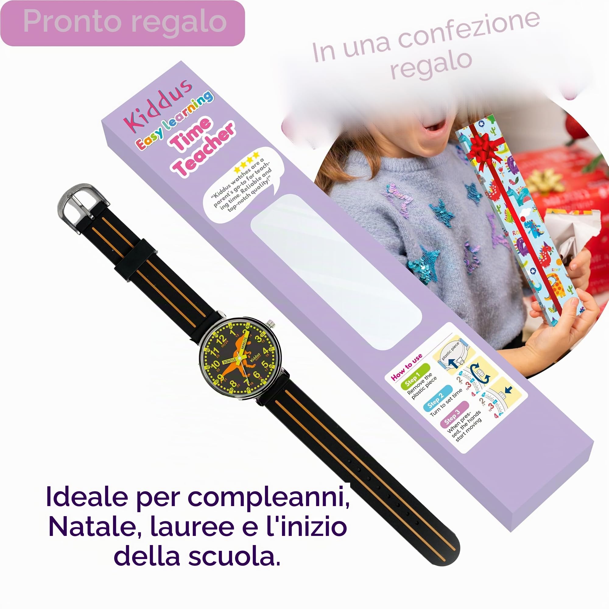 Kiddus Orologio Educativo per Bambino e Bambina dai 5 ai 10 Anni, Orologio Analogico Didattico per Imparare l'Ora, Movimento Giapponese