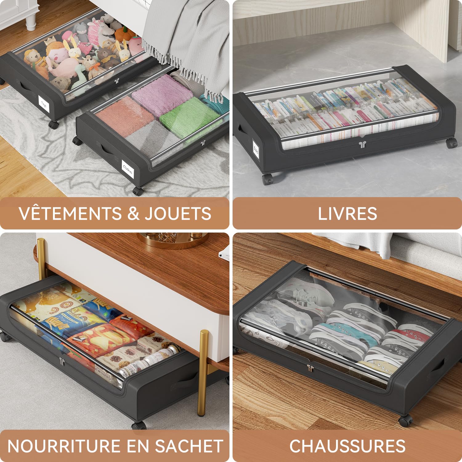PHINOX Lot de 2 tiroirs de rangement sous lit avec roulettes, conteneurs de rangement sous lit avec couvercle transparent, tiroirs de rangement sous lit en tissu et cadre métallique pour vêtements