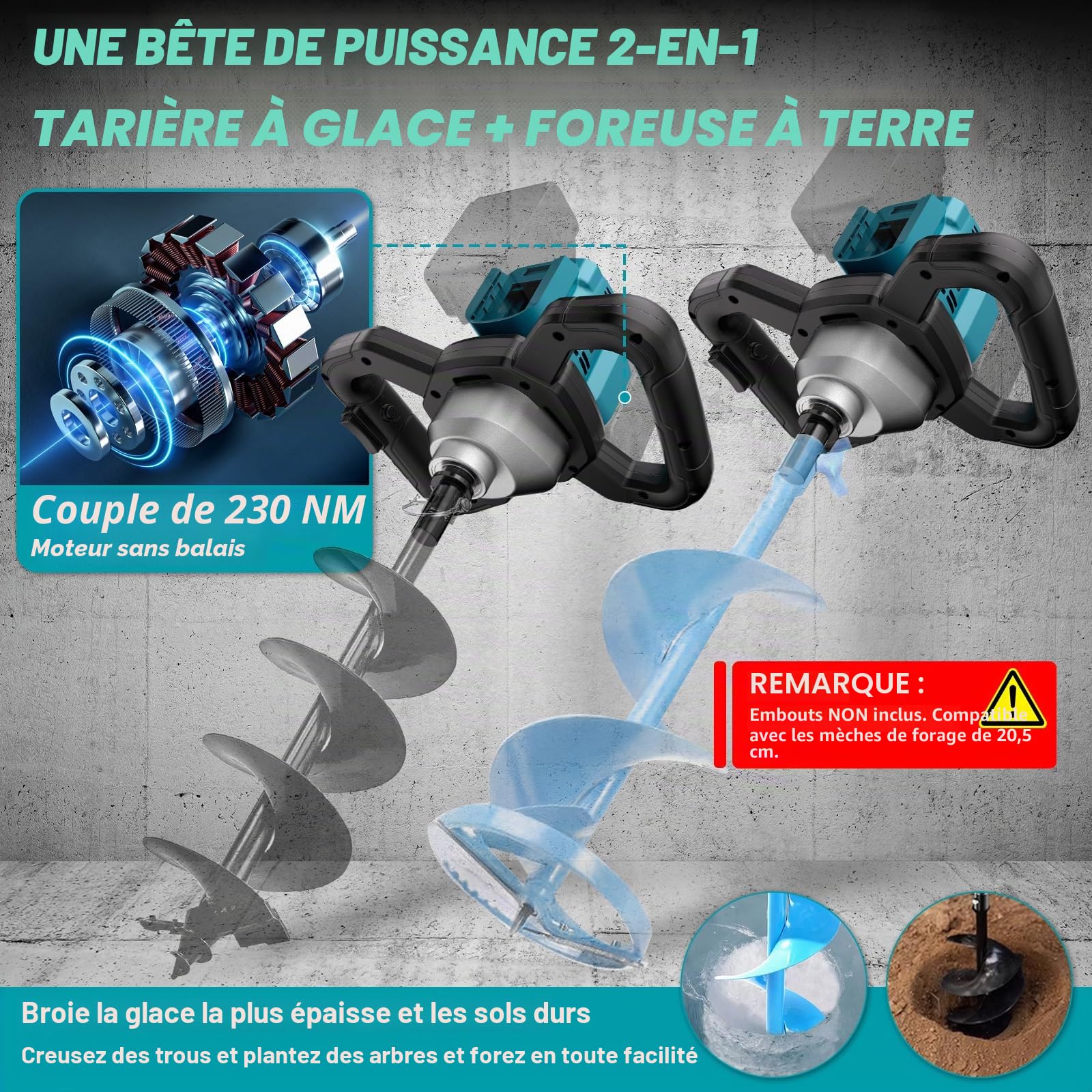 Professional Tarière sans fil pour Makita 18V batterie,moteur sans balais pour horticulture/pose de pieux, compatible avec forets moulus de 20 mm, embouts de forage à glace, sans batterie ni Chargeur