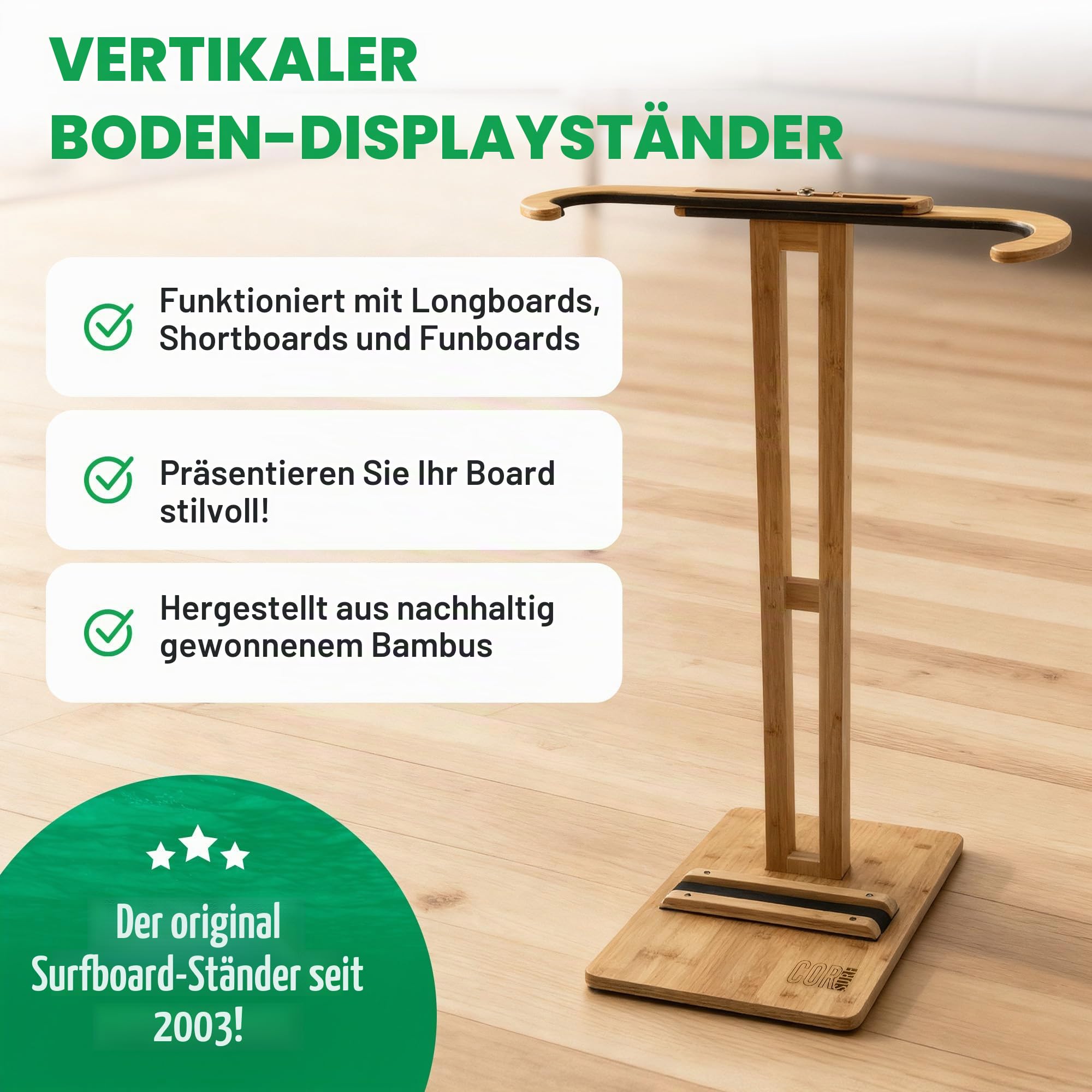COR Surf Bambus-Surfbrettständer | Premium-Ständer zum Präsentieren Ihres Bretts