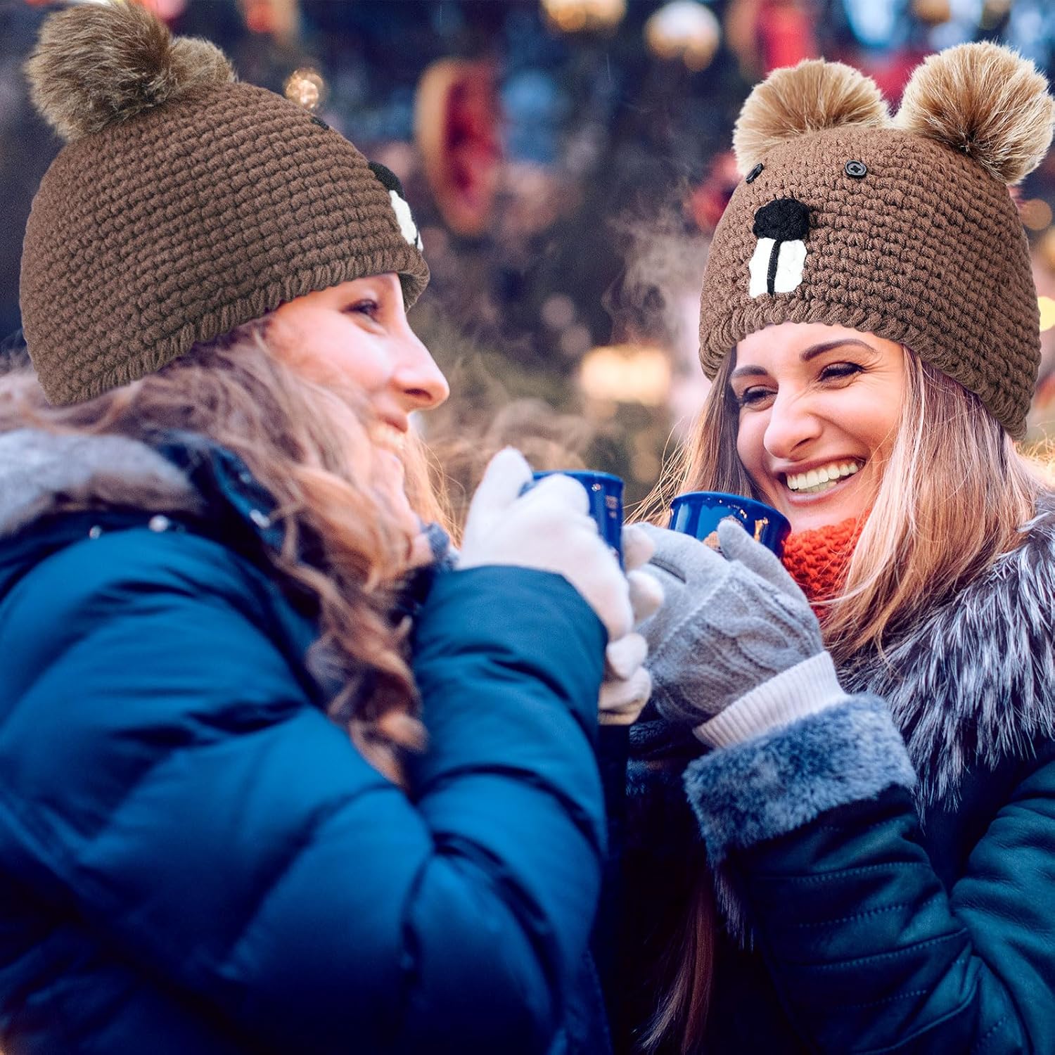 Kigeli 2 Pcs Groundhog Hats Groundhog Day Women Hats Knit Brown Winter Cute Beanie Valentine‘s Day Gifts for Women
