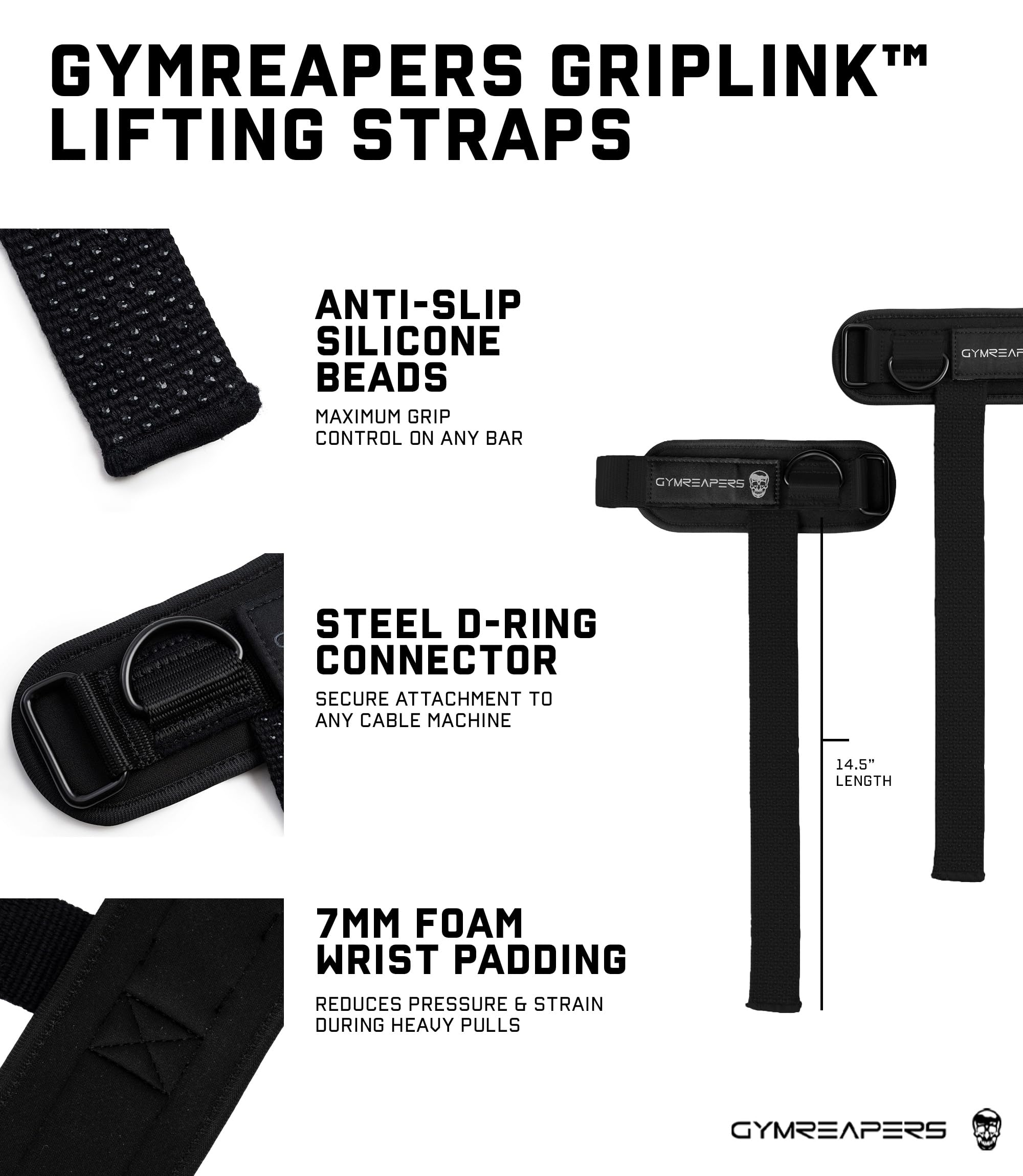 Gymreapers GripLink Gewichthebergurte mit robustem D-Ring und rutschfestem Silikon-Griffperle, verstellbare Unterstützung für Kreuzheben, Powerlifting