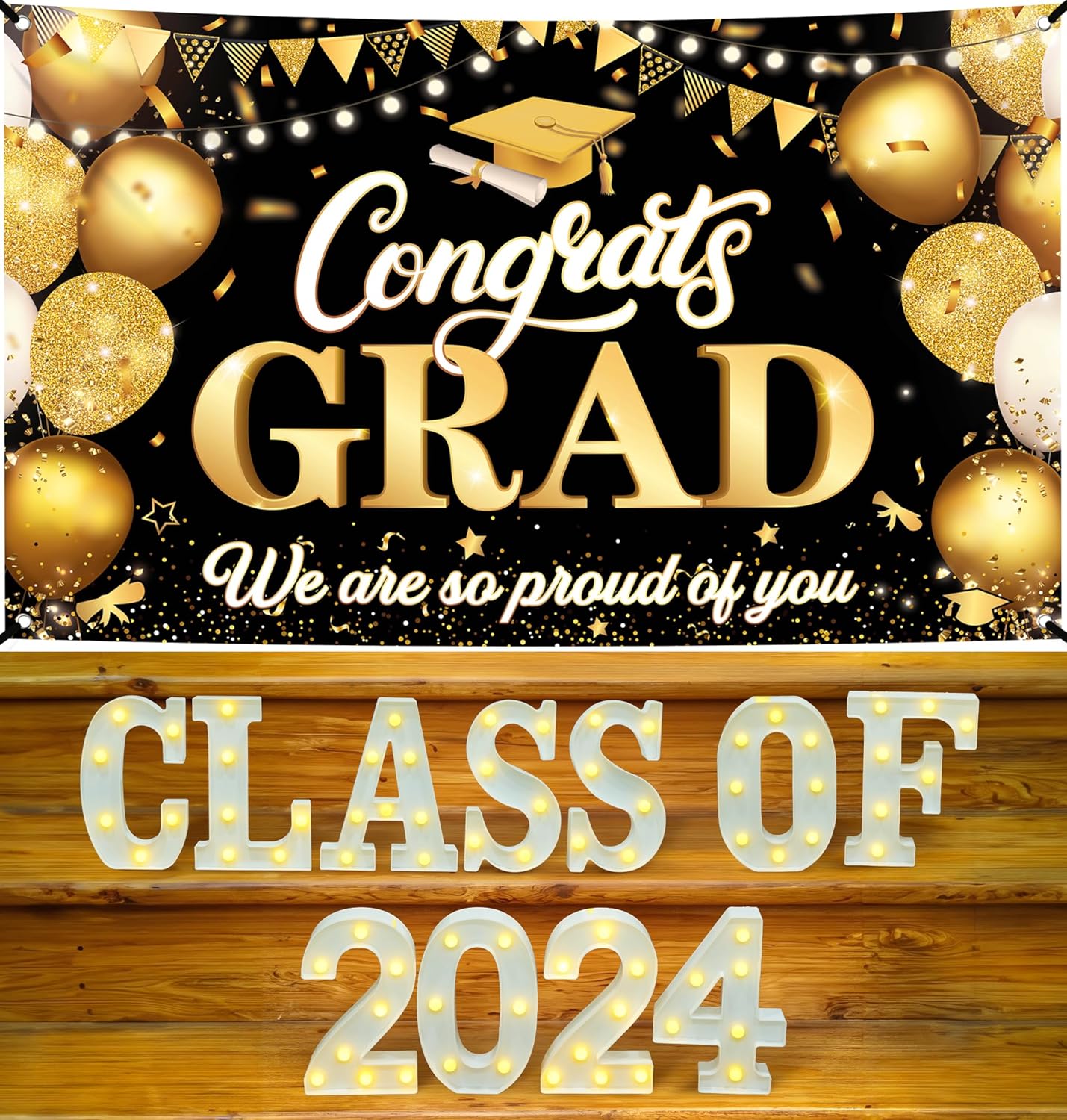 KatchOn, XtraLarge Congrats Grad Banner - 72x44 Inch | Light Up Class of 2024 Sign - 8x5 Inch | Gold and Black Graduation Decorations 2024 | Grad Marquee Letters for Graduation Decorations Class