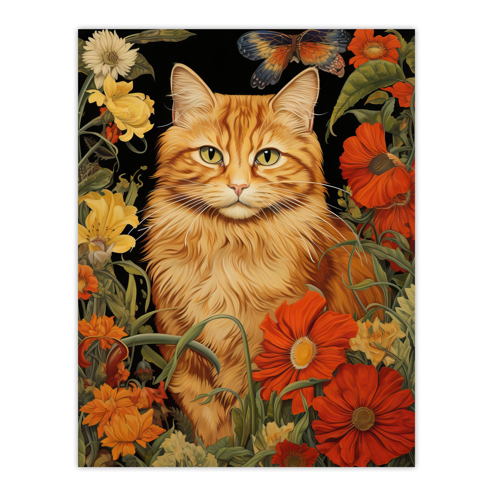 Artery8 Unframed 12X16" Ginger Tabby Cat Floral Painting Orange Red Spring Flower Blooms Detailed Retro Style Low-Key Animal Portrait Unframed Wall Art Print Poster Home Decor Premium
