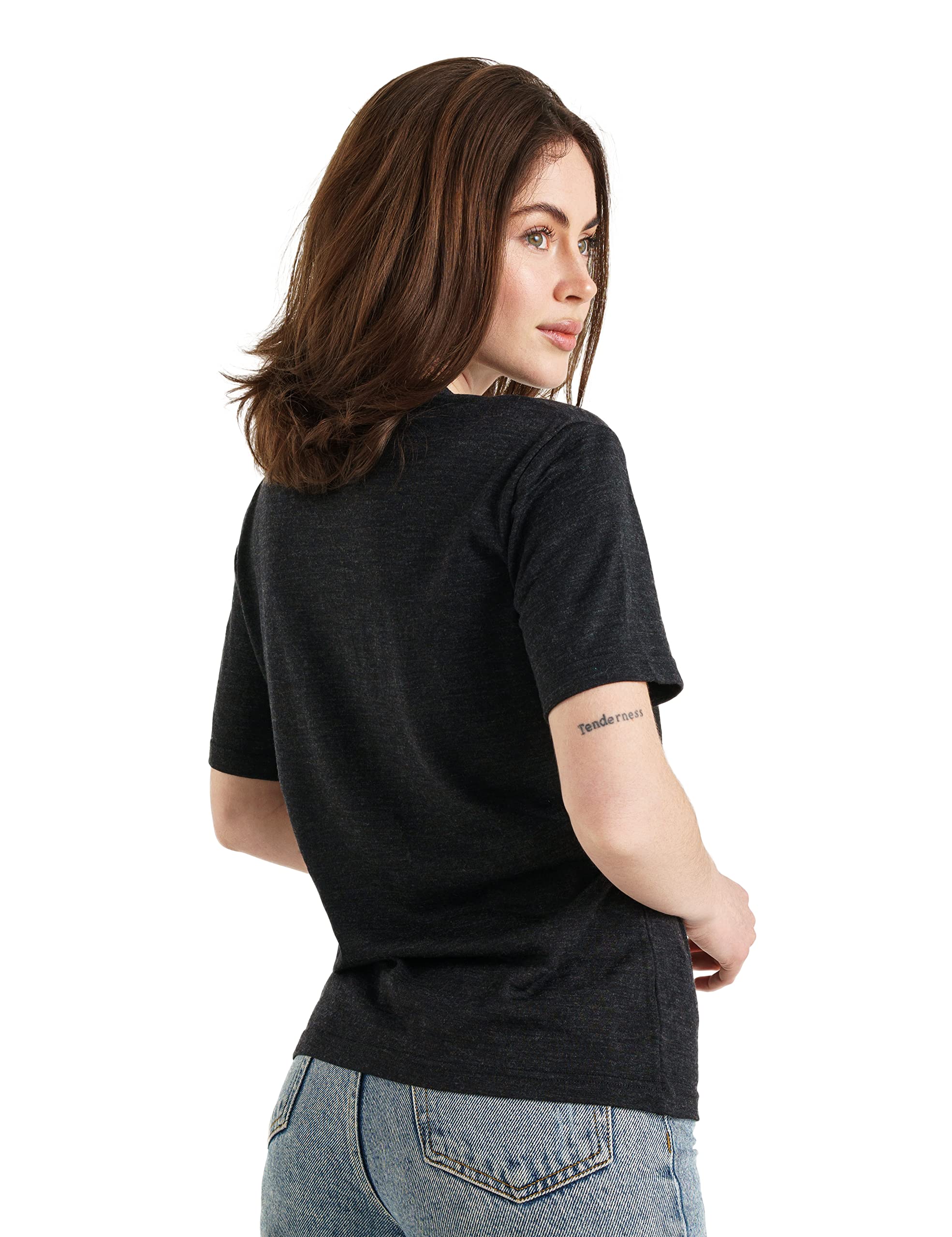 T-Shirt Merinos Femme pour Activités De Plein Air en Laine Mérinos avec Chaussettes (Medium, Heathered Black Crewneck)