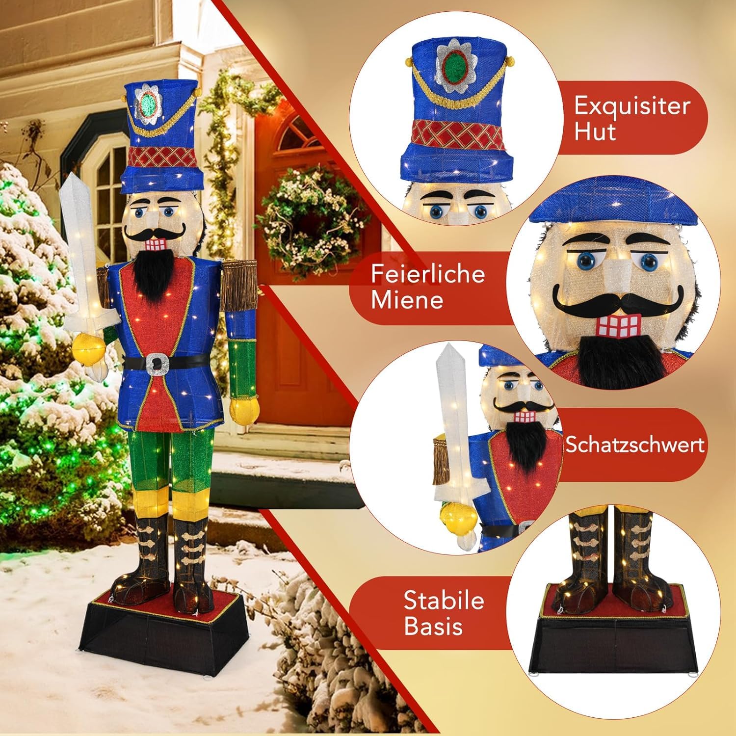GOPLUS Weihnachten Nussknacker Figur groß, beleuchtete Weihnachtsdeko XXL, 184 cm Weihnachtsfigur mit LED-Lichtern, Weihnachtsdekoration Nussknacker mit Schwert, Weihnachtsbeleuchtung für innen, außen