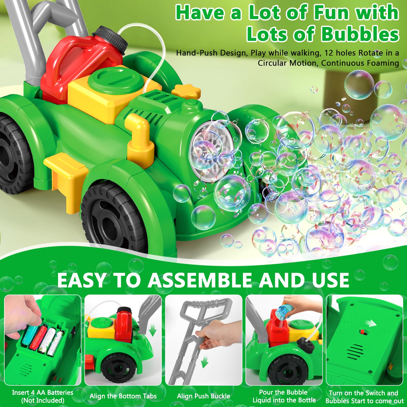 Maquina Pompas Jabon, Cortacesped Juguete Burbujas Jardin, Maquina Burbujas Automatico, Juguetes Exterior para Niños Verano Fiesta, Regalos para Nayores de 3 4 5 Años (Verde)