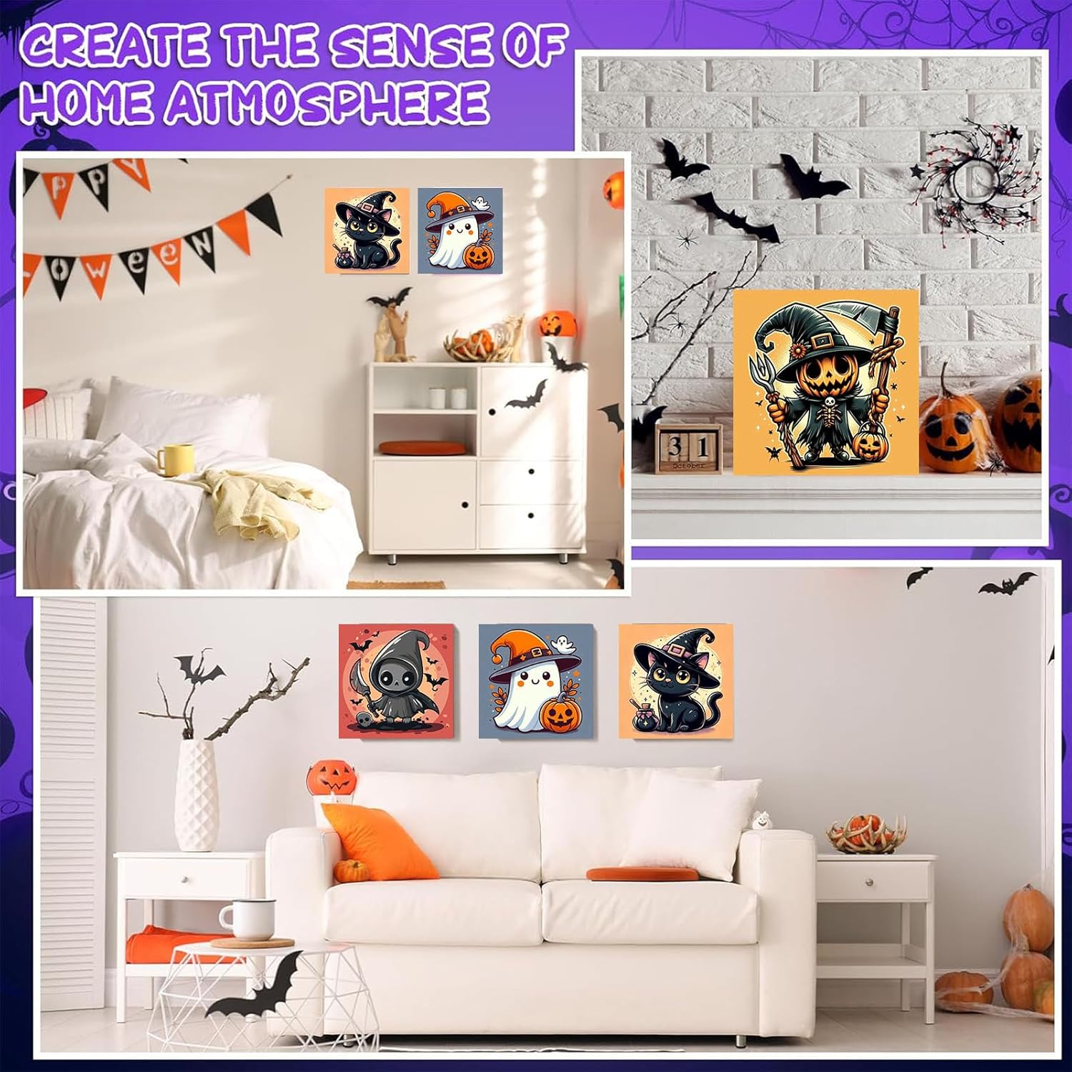 ajepon 4 Pack Paint by Numbers Kit for Kids with Frame-Halloween Paint by Number for Kids, Halloween Kid Painting by Number Kits Age 5-8, DIY Acrylic Oil Painting Kits for Home Wall Decor (8X8inch)