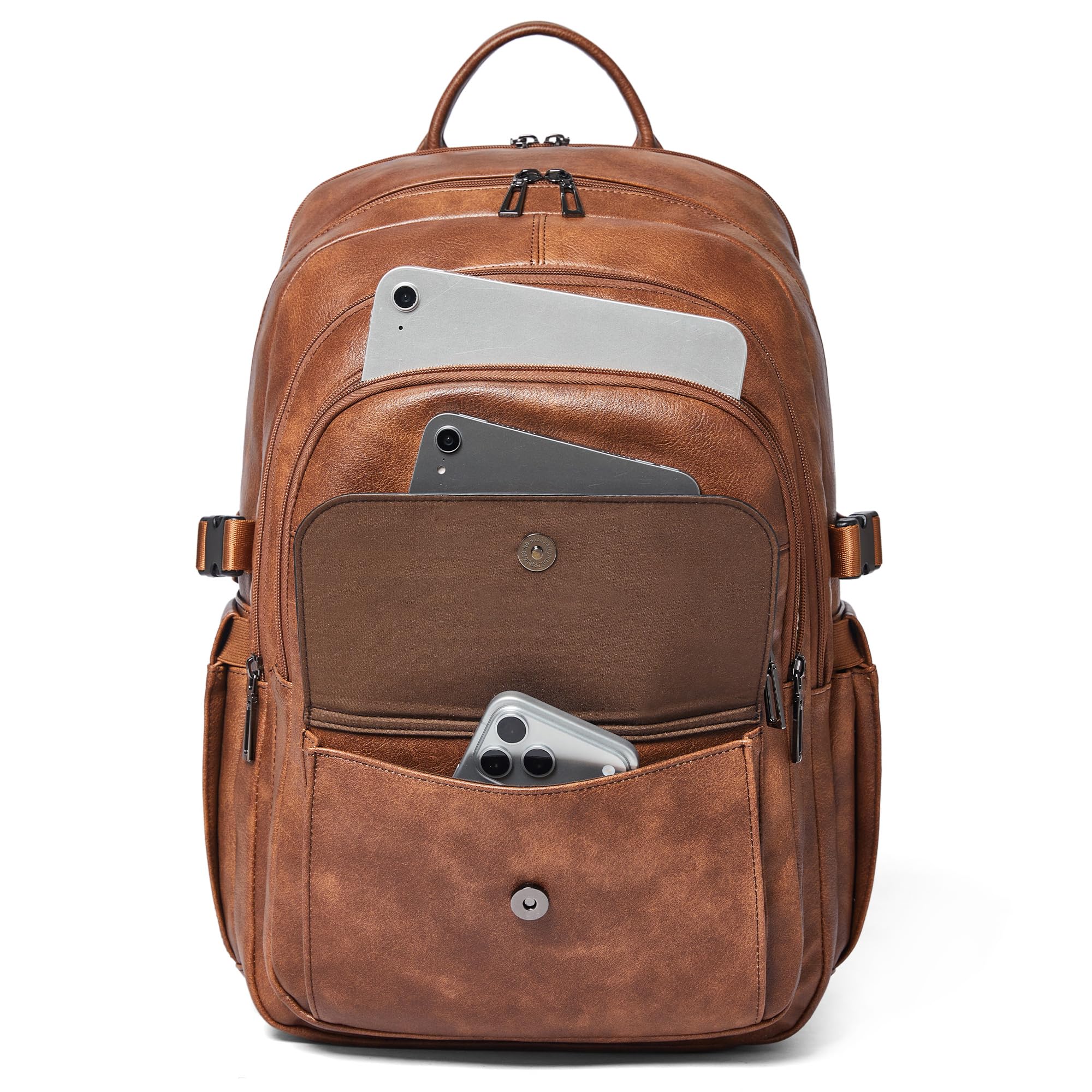 Sac à Dos en Cuir Végan Homme et Femme, Compatible avec Ordinateur 17 Pouces, Bagage Cabine avec Port USB et Sangle Valise, Design Élégant, Brown
