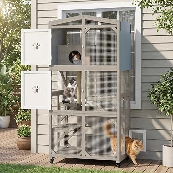 66.2" Catio Outdoor Cat Enclosure with Wheels & Window Access, Large Outdoor Cat House for Balcony Patio, Expandable Weatherproof Wooden Cat Cage with 4 Platforms for Indoor Outdoor Cats