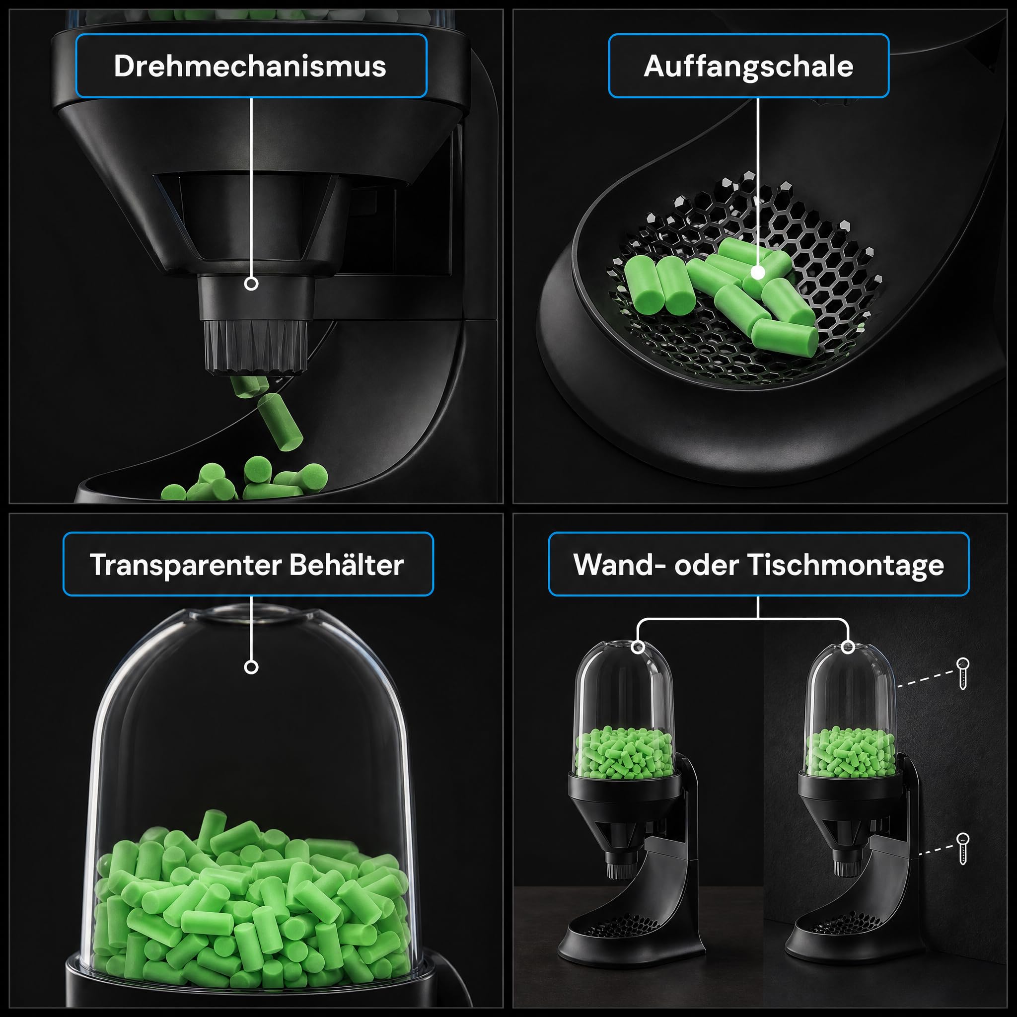 PRO FIT 171 Gehörschutzspender – Station für Ohrstöpsel, Behälter für In-Ear Stöpsel, Aufbewahrung, Wand- & Tischmontage - Füllmenge 300 Stk., Schwarz
