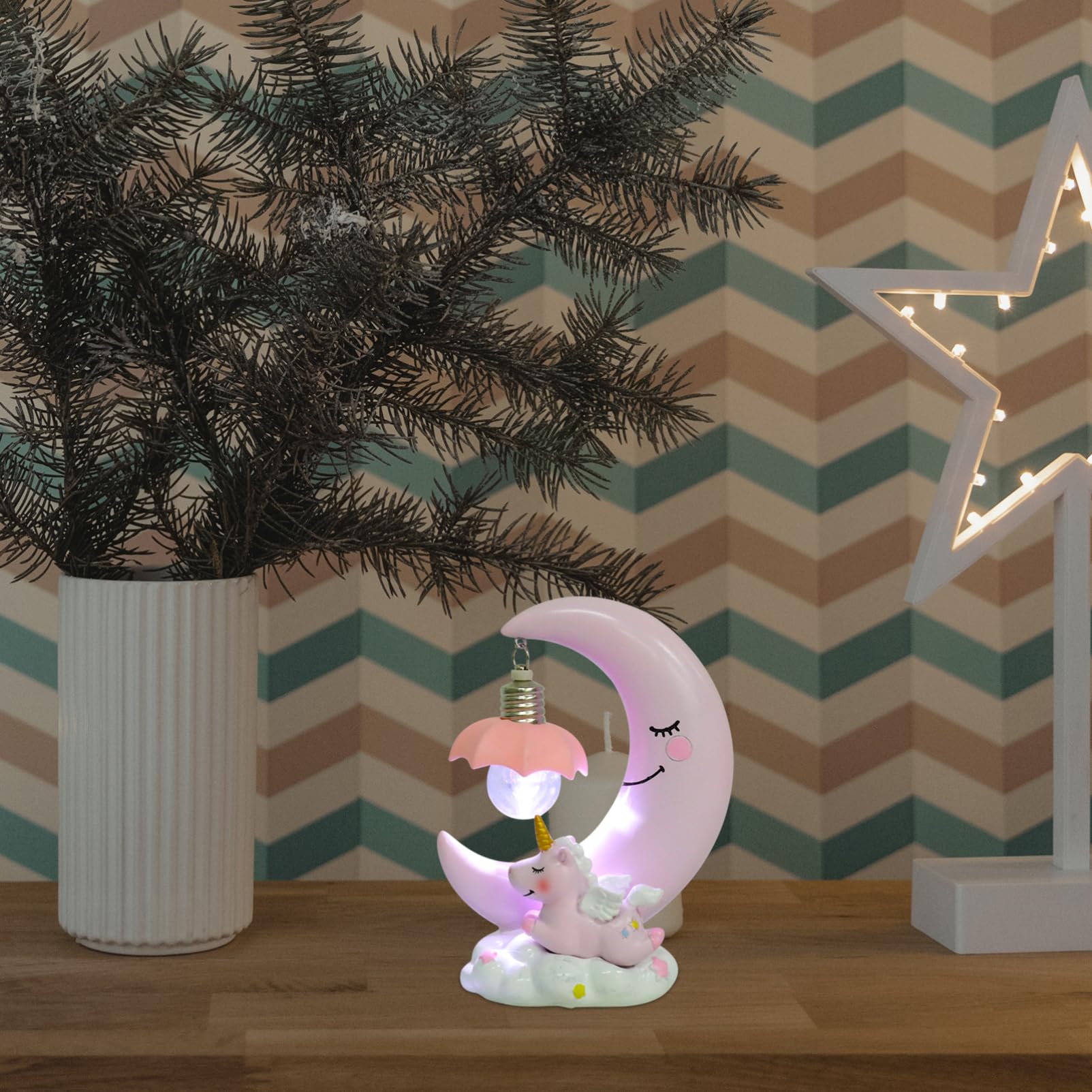 Lámpara Nocturna Resina Niña Diseño Luna Rosa Decorativa Mesita Noche Regalo Cumpleaños Niño Niña