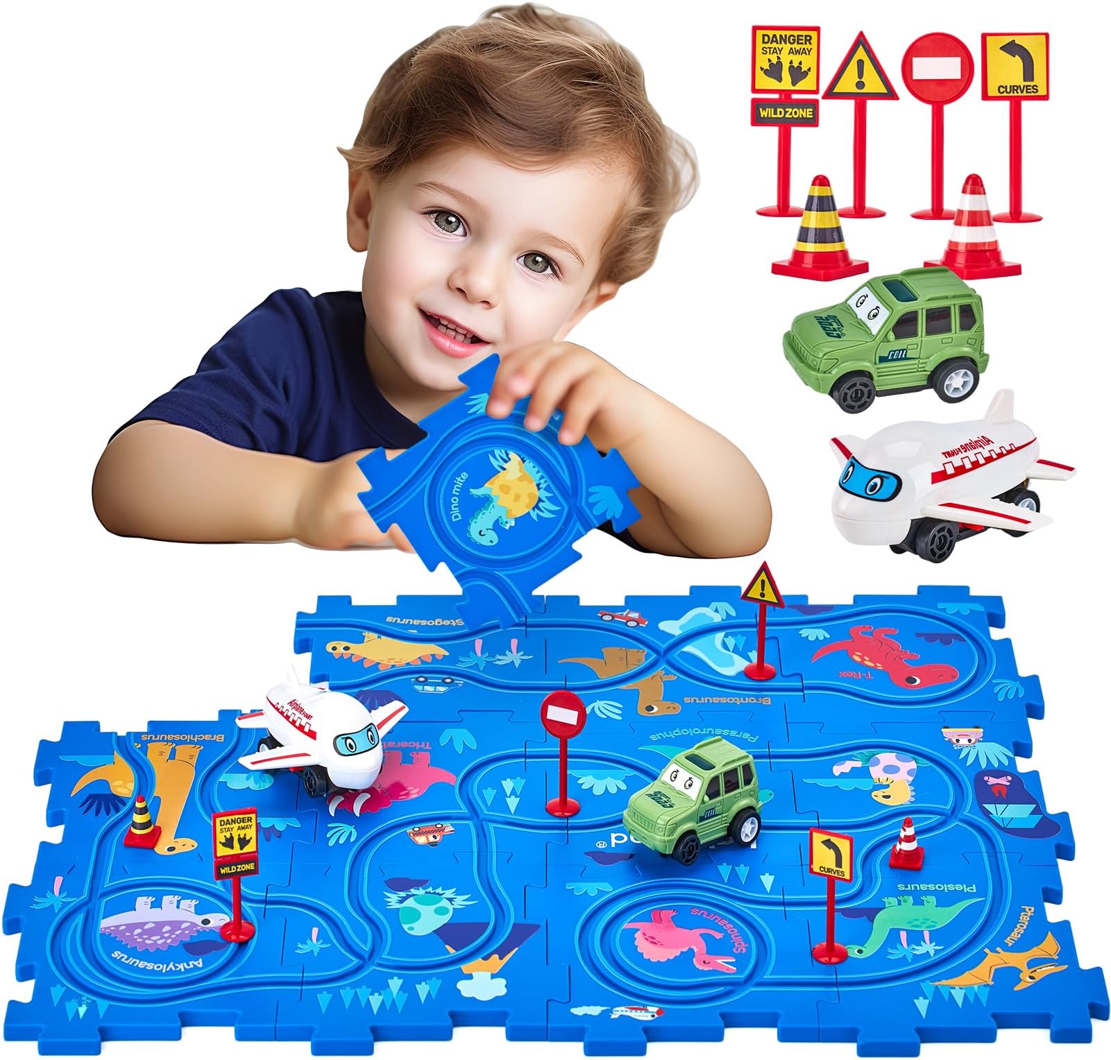 hahaland Puzzle Racer Kids Car Track Set - 5x5 Inches Larger Size of Each Puzzle Piece Toys for Ages 2-4 for Kids 3 Year Old Boy Toys Puzzle Track Car for 3-5 Children's Educational Learning Toy