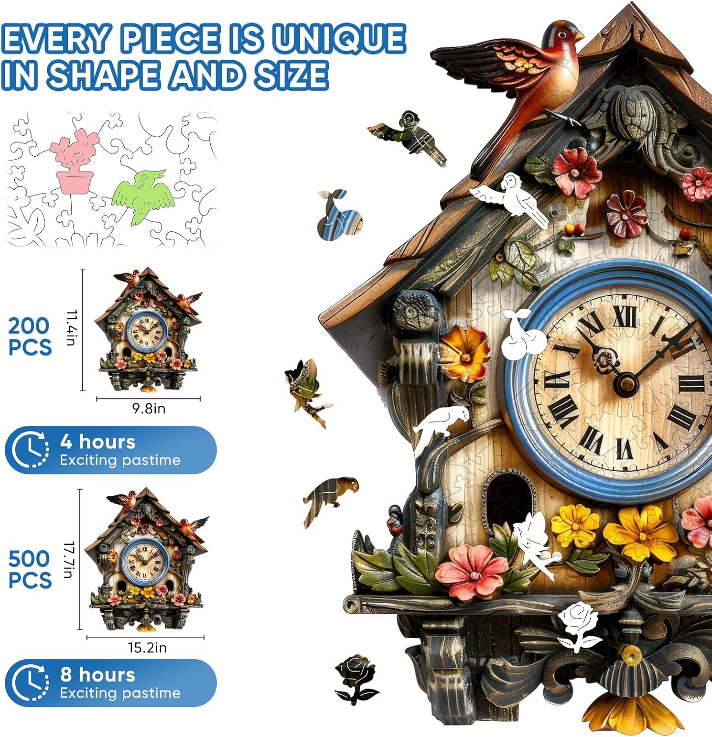 Pikoqunc Mothers Day Wooden Jigsaw Puzzles, Clock House Wooden Puzzles for Adults 200 Pieces with Birds, Unique Vintage Wood Puzzle for Home Décor, Perfect, 9.8’’ x 11.4’’ Family Game