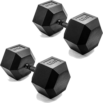 CAP Rubber Coated Dumbbell Weights, Free Weights for Home Gym Strength Training, Anti-Roll Hex Dumbbells with Black, Chrome & Comfort Grip Handles, Pairs & Sets