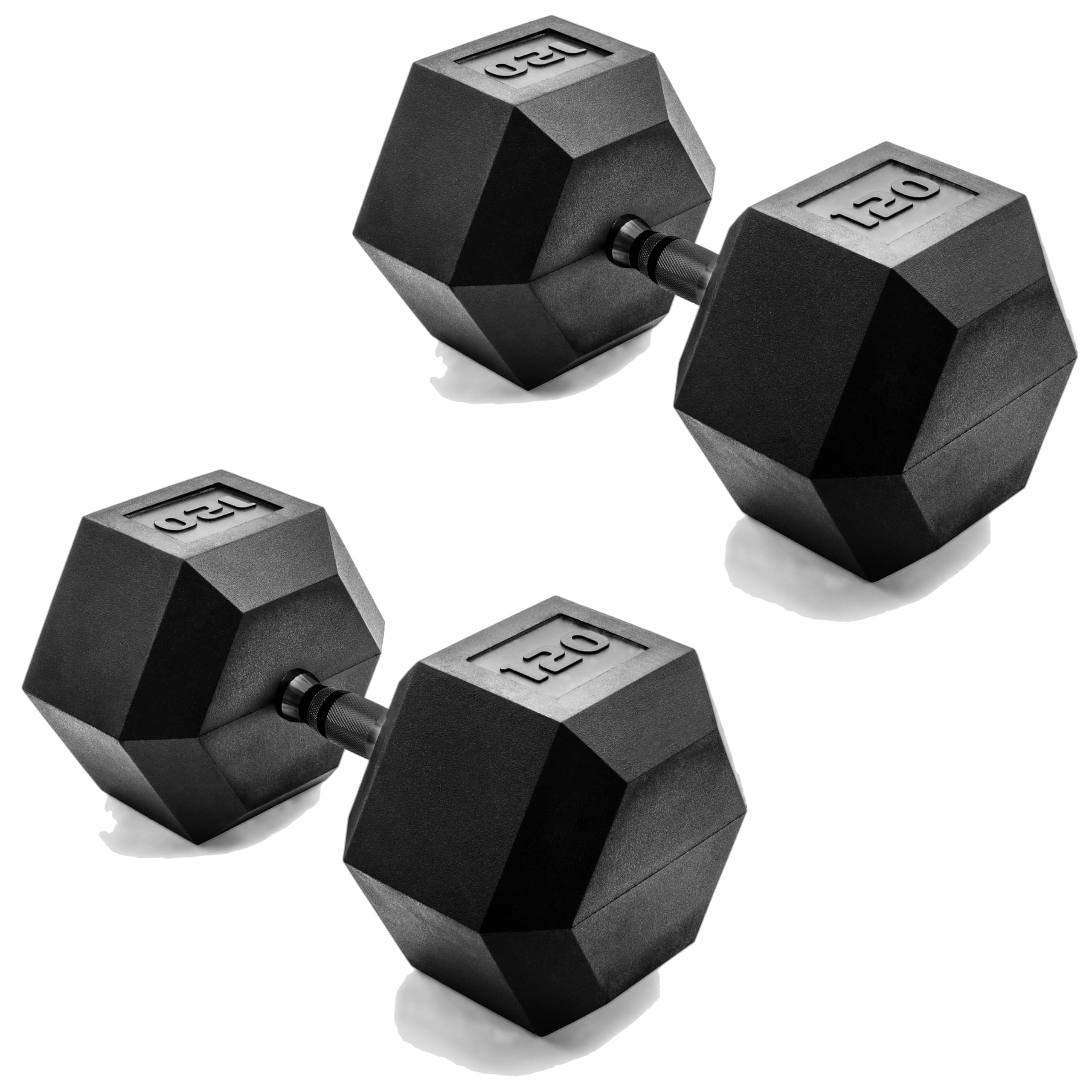 CAP Rubber Coated Dumbbell Weights, Free Weights for Home Gym Strength Training, Anti-Roll Hex Dumbbells with Black, Chrome &amp; Comfort Grip Handles, Pairs &amp; Sets