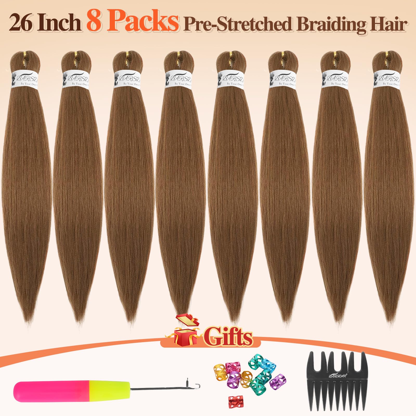 BARSDAR 26 Inch 8 Packs Auburn Braiding Hair Pre Stretched Professional Synthetic Crochet Braiding Hair Extensions Hot Water Setting Yaki Texture -30# Light Auburn - Image 2