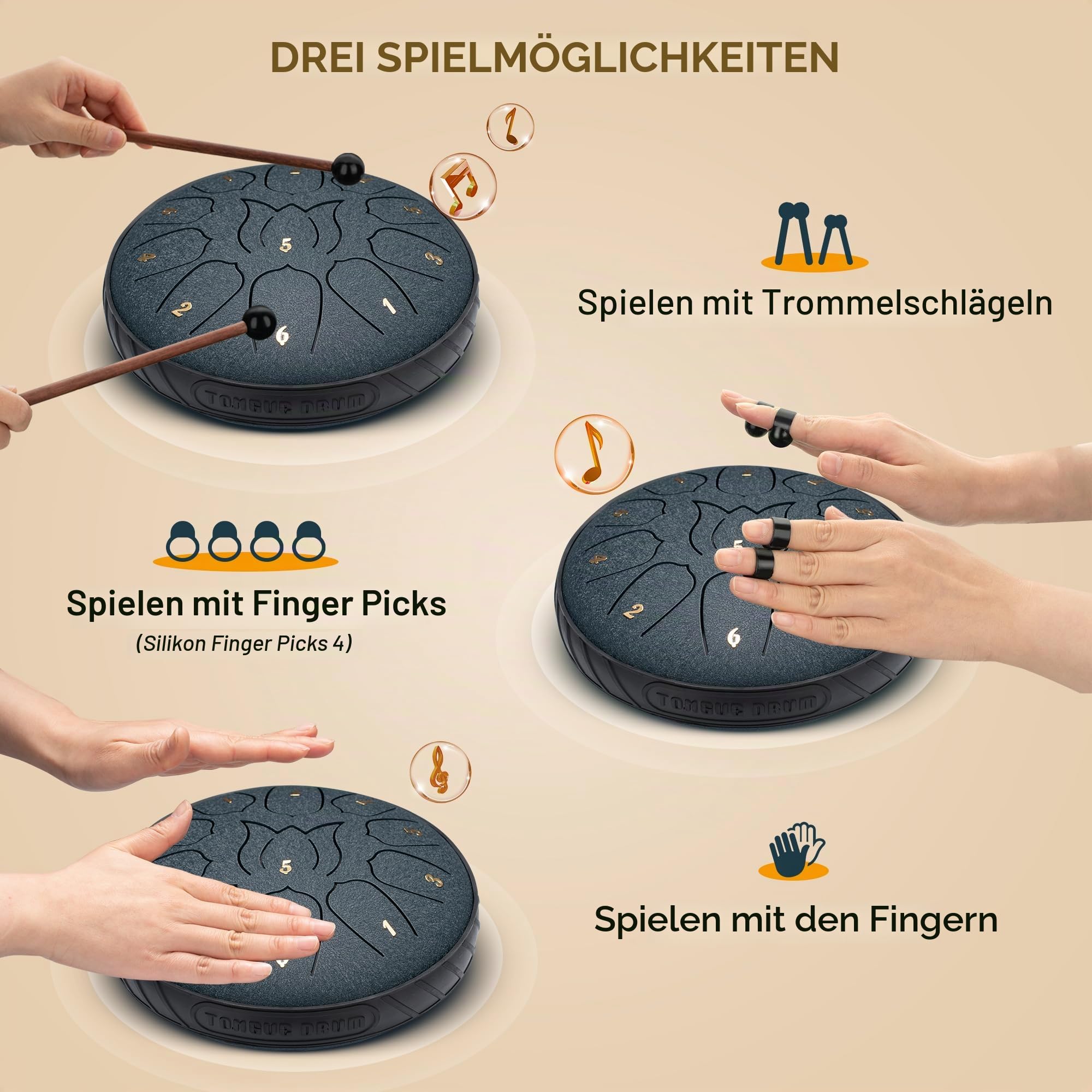 CAHAYA Steel Tongue Drum 6 Zoll 11 Töne: Zungentrommel Schlagzeug Anfänger, Handpan mit Notenbuch, Trommelstöcken, Steel Pan Töne Drum Schlaginstrument für Meditation Yoga, Dunkelblau CY00373-1