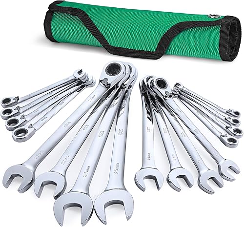 SK Juego de llaves de trinquete reversibles, juego de llaves combinadas, 16 piezas, métricas, 72 dientes, construcción CR-V premium, con bolsa