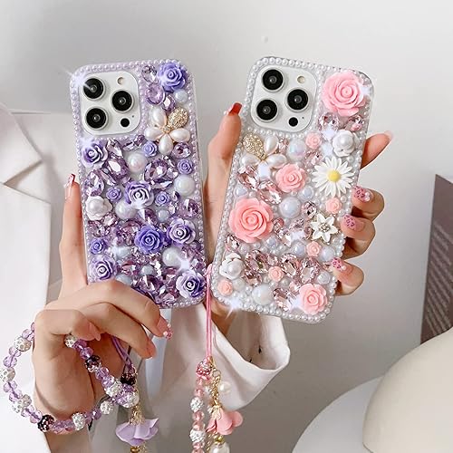 Miniatura 7 de Threesee Funda con purpurina para iPhone 15 Pro, con diamantes de imitación brillantes con diamantes de imitación y flores de perlas para mujeres y