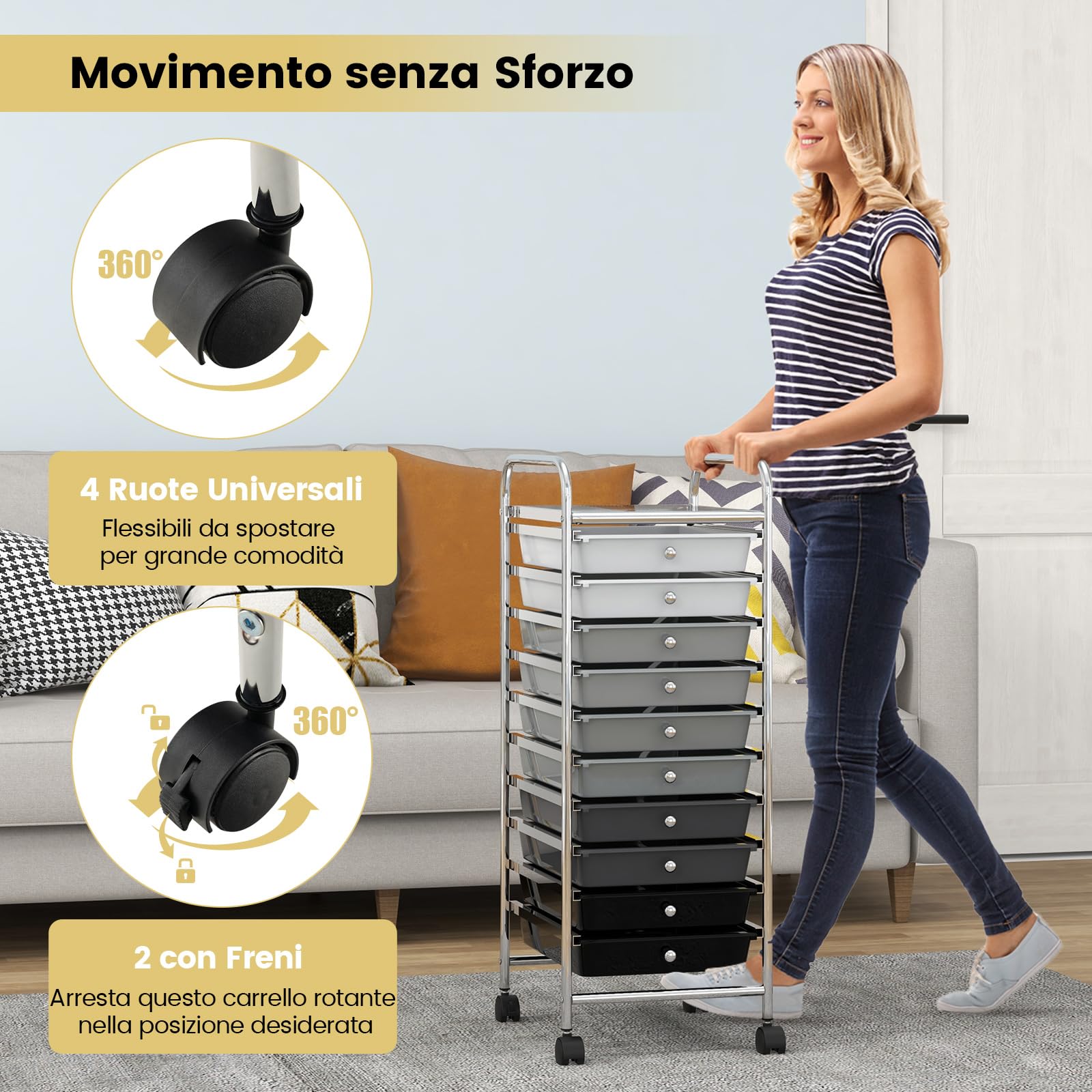 GYMAX Carrello Portaoggetti con 10 Cassetti Staccabile, Carrellino Salvaspazio con Ruote, per Uffici, Parrucchieri, Studio, Soggiorno, 38 x 33 x 86 cm (NERO SFUMATO)