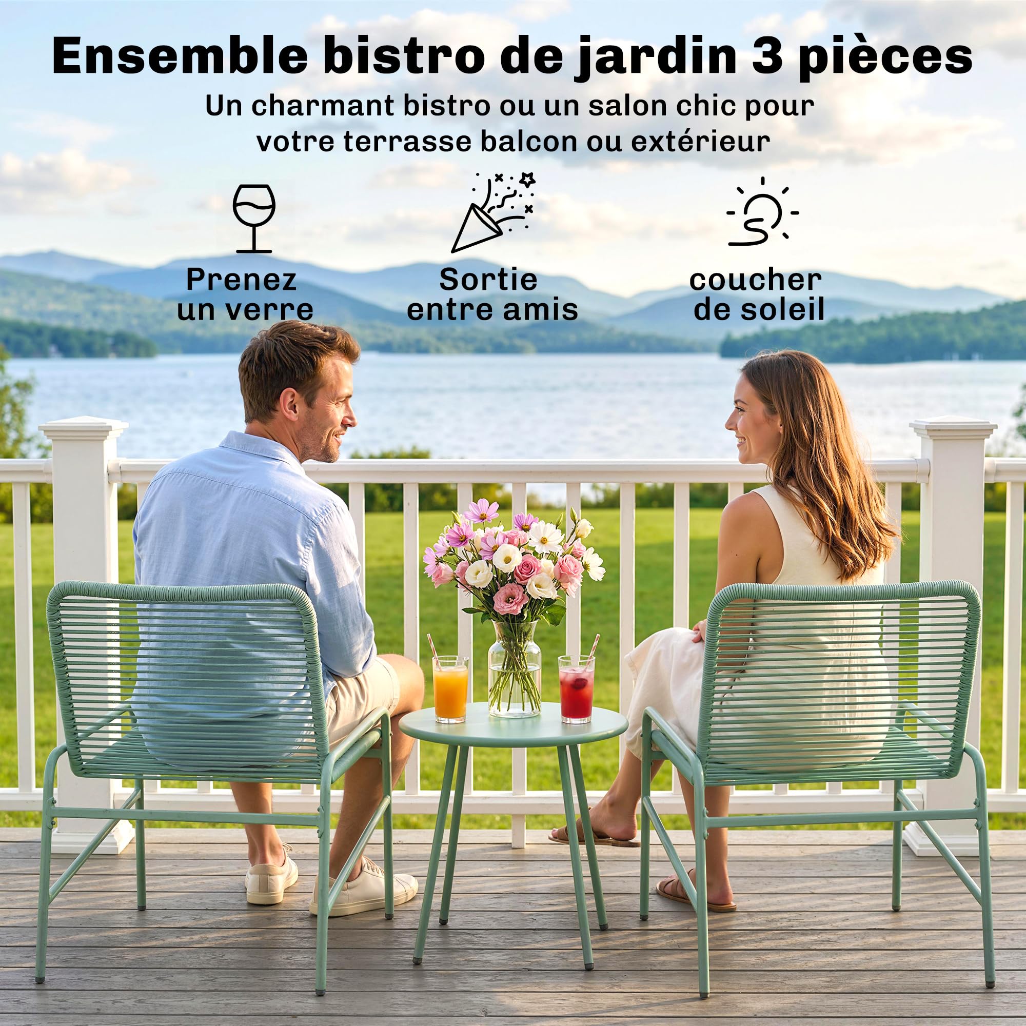 Outsunny Salon de Jardin Extérieur 3 Pièces en Résine Tressée, Table de Jardin Ronde avec 2 Chaises, Pieds Ajustables, Cadre en Acier Galvanisé, Mobilier de Jardin pour Balcon Terrasse Patio, Vert