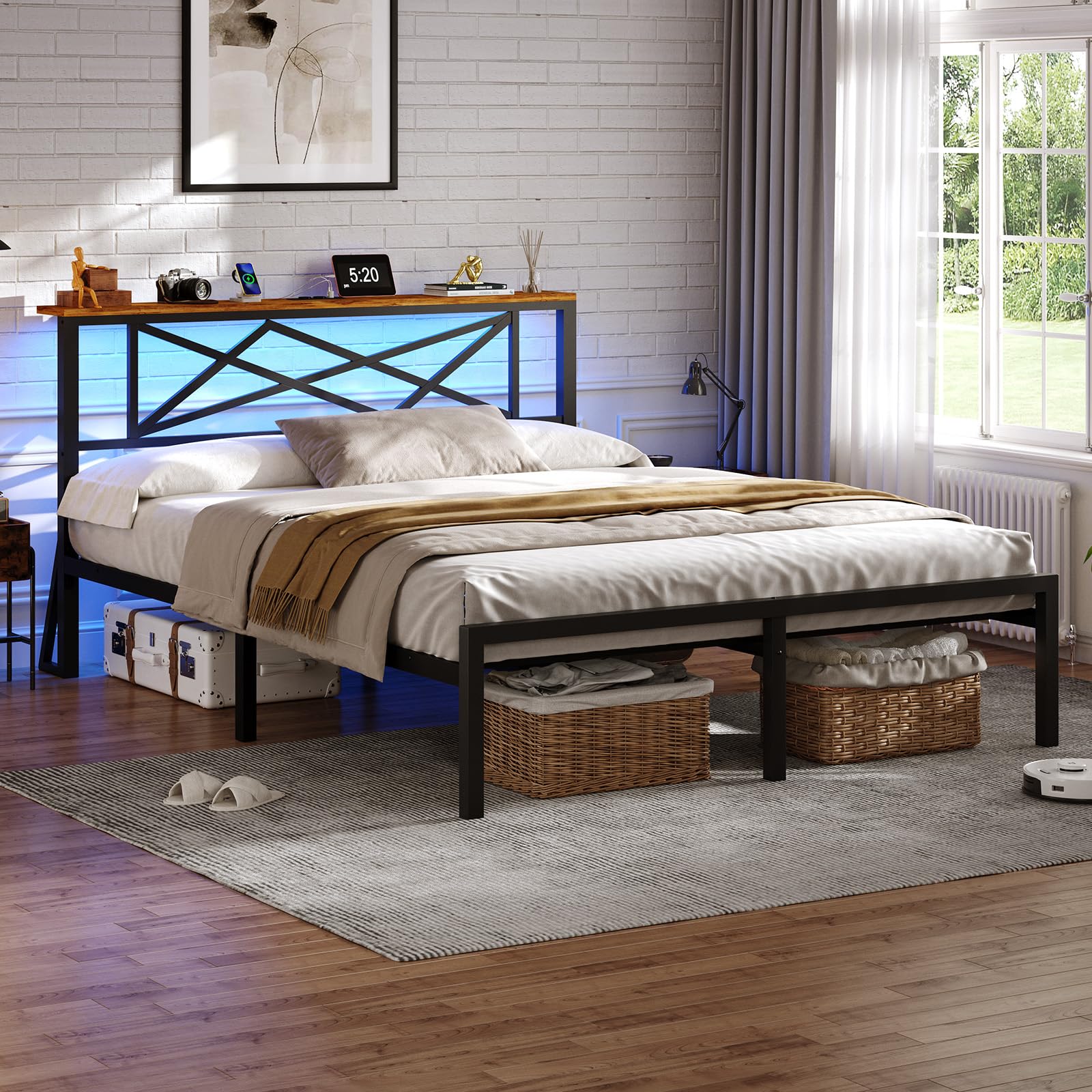 DICTAC Double Bed Frame with LED Lights, Double Bed Frame with Storage, 135x190cm Double Bed with Charging Station, Silent Sturdy 4FT6 Double Metal Bedframe, No Box Spring, Easy Assembly