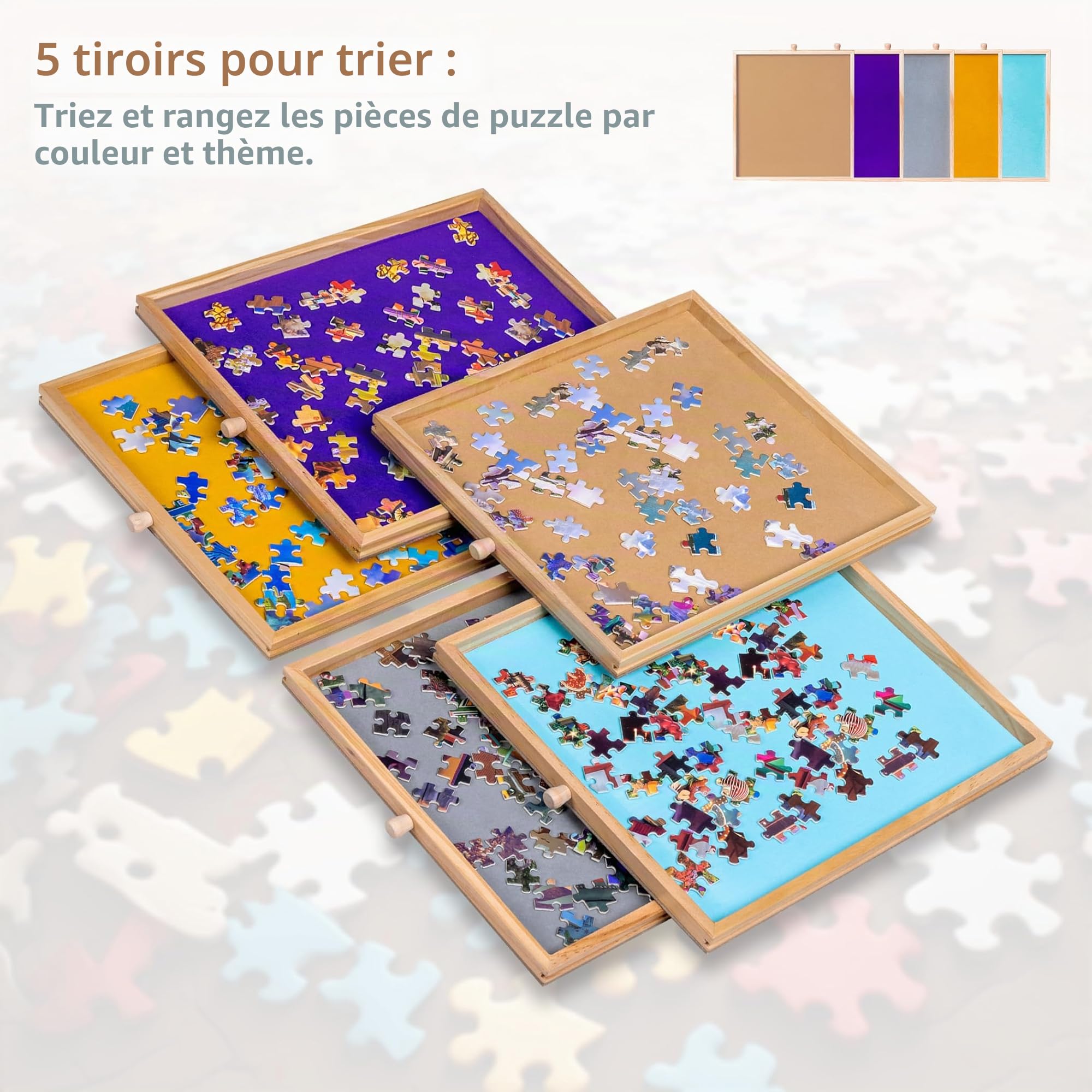 Lavievert Table de Puzzle Inclinable de 1500 Pièces Avec 5 Tiroirs Colorés et Couvercle, Planche Réglable en Bois Avec Rangement Pour Adultes, Portable Avec Pieds, 4 Roues