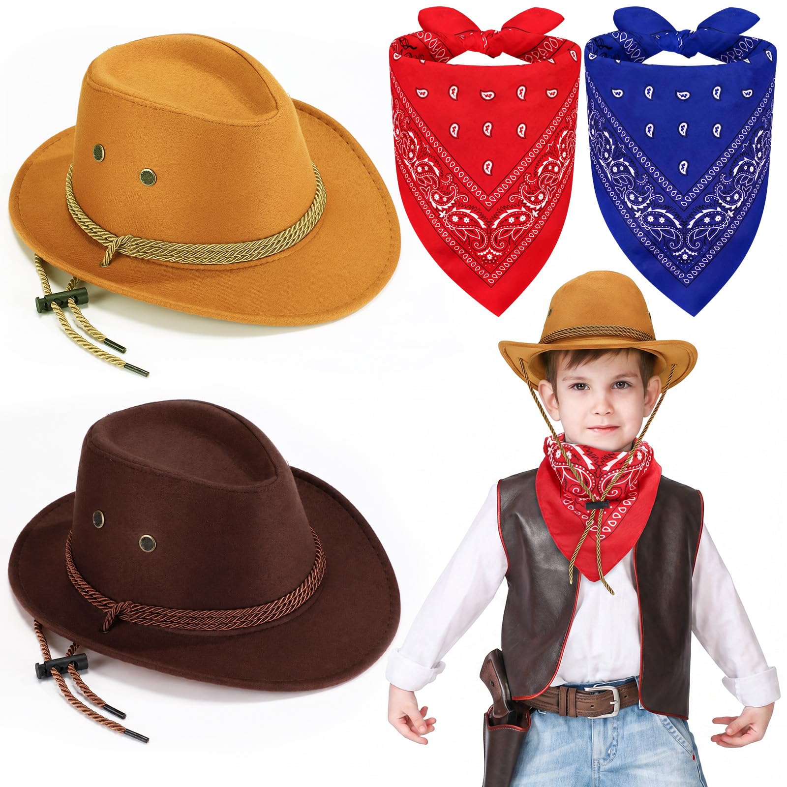 Xtinmee 2 Sets Kids Brown Cowboy Hats with Paisley Bandanas