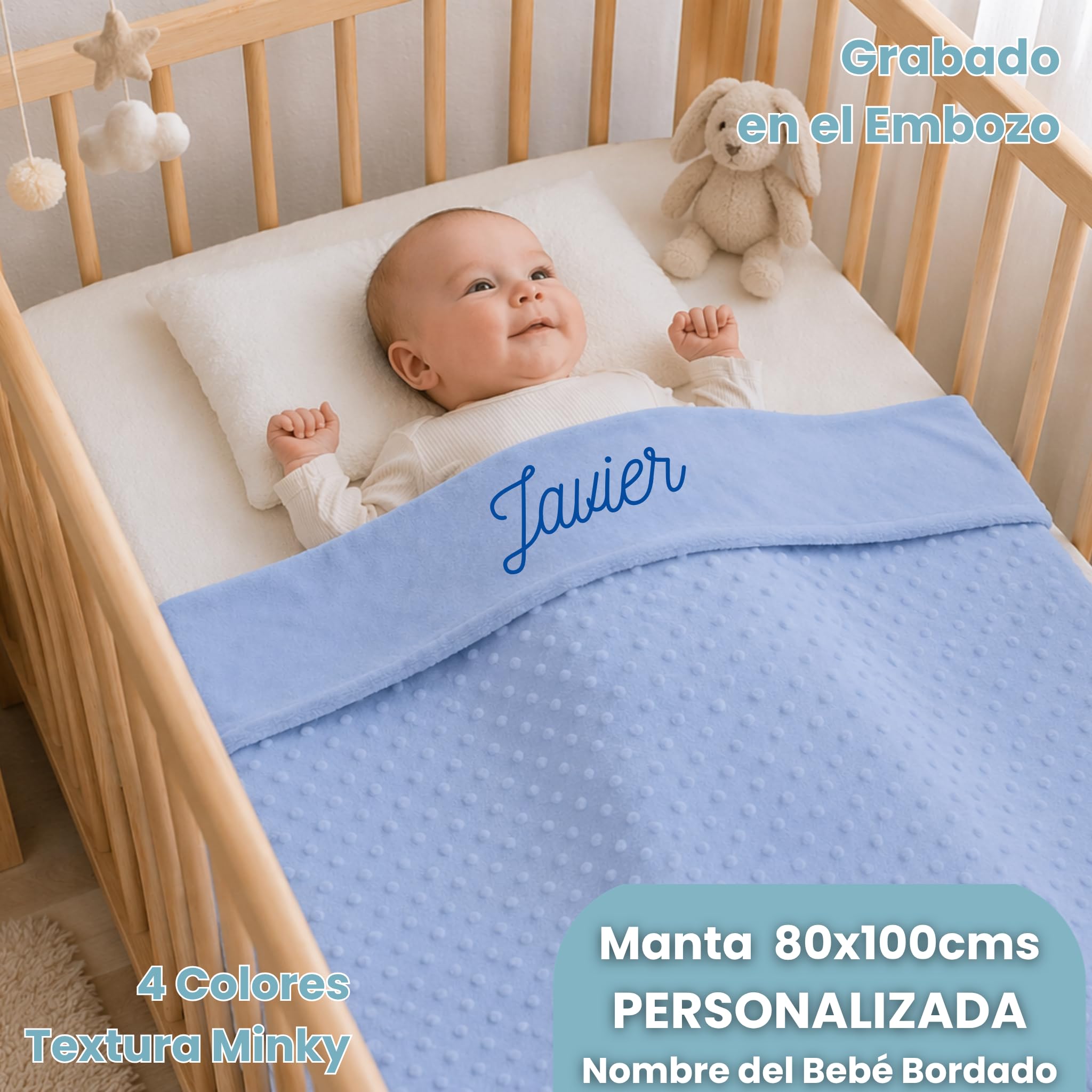 Canastilla True Colors, Cesta Bebé Recién Nacido Niño (Azul) | Manta 80x110 cm bordada con nombre, dou dou a juego, set de ropa de algodón, pastel de pañales y cosmética