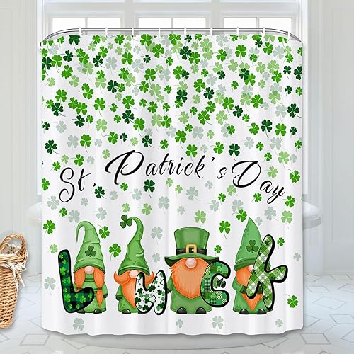YIHUYILAN Cortina de ducha del día de San Patricio, gnomo con hojas de trébol de la suerte, cortina de baño de tela de poliéster con gancho, 72 x 72