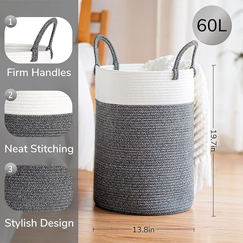 Miniatura 10 de INDRESSME Cesta de lavandería, cesta de almacenamiento de manta de 60 L, cesta de lavandería tejida para ropa, cesta de lavandería de cuerda para