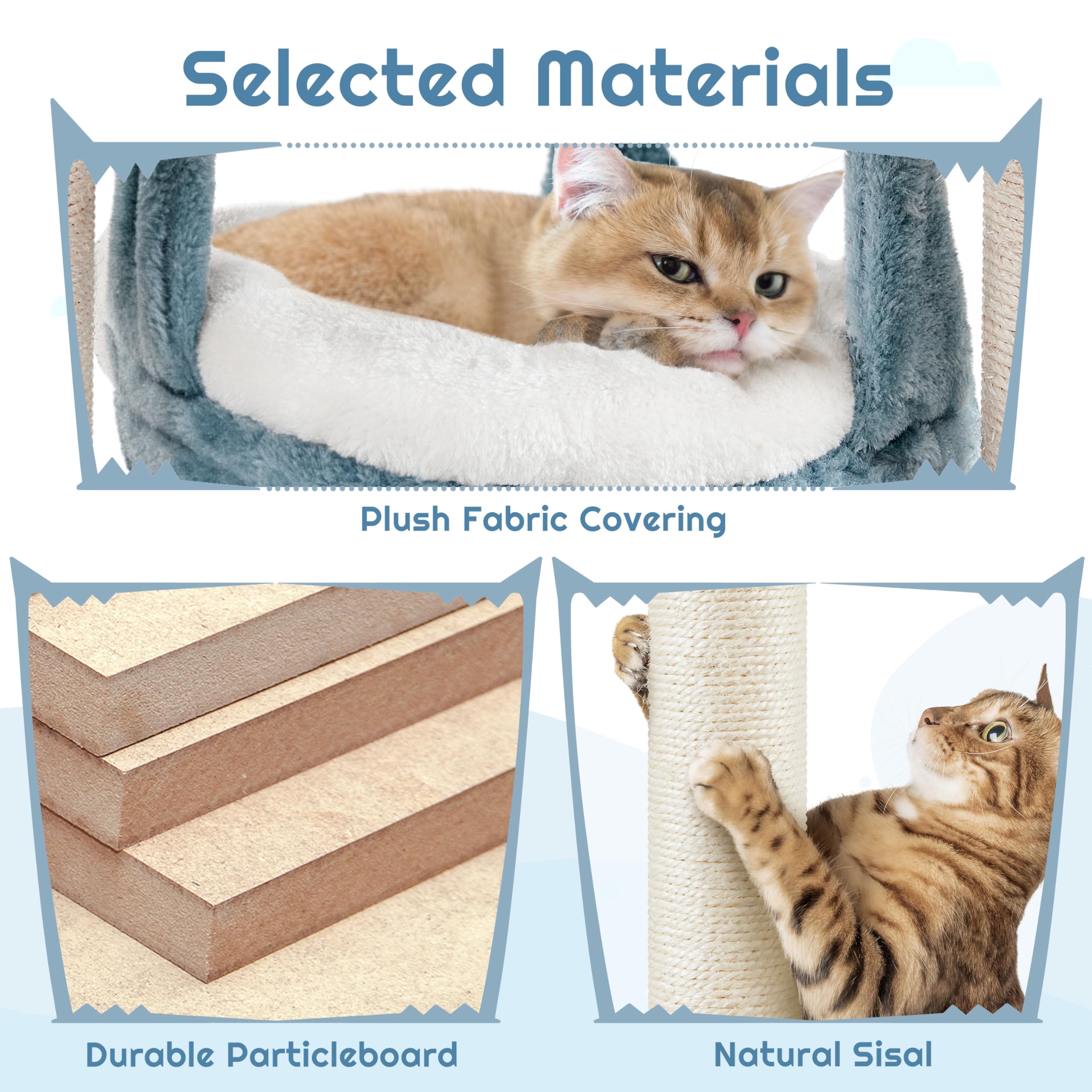 Yaheetech Árbol para Gatos 115cm Rascador para Gato Torre de Gatos con Hamaca Cueva Plataforma Estilo del Océano Azul y Blanco | Torre de peluche con forma de tiburón, con 2 perchas, 1 hamaca, 1 cama para arañar y cuerda de sisal
