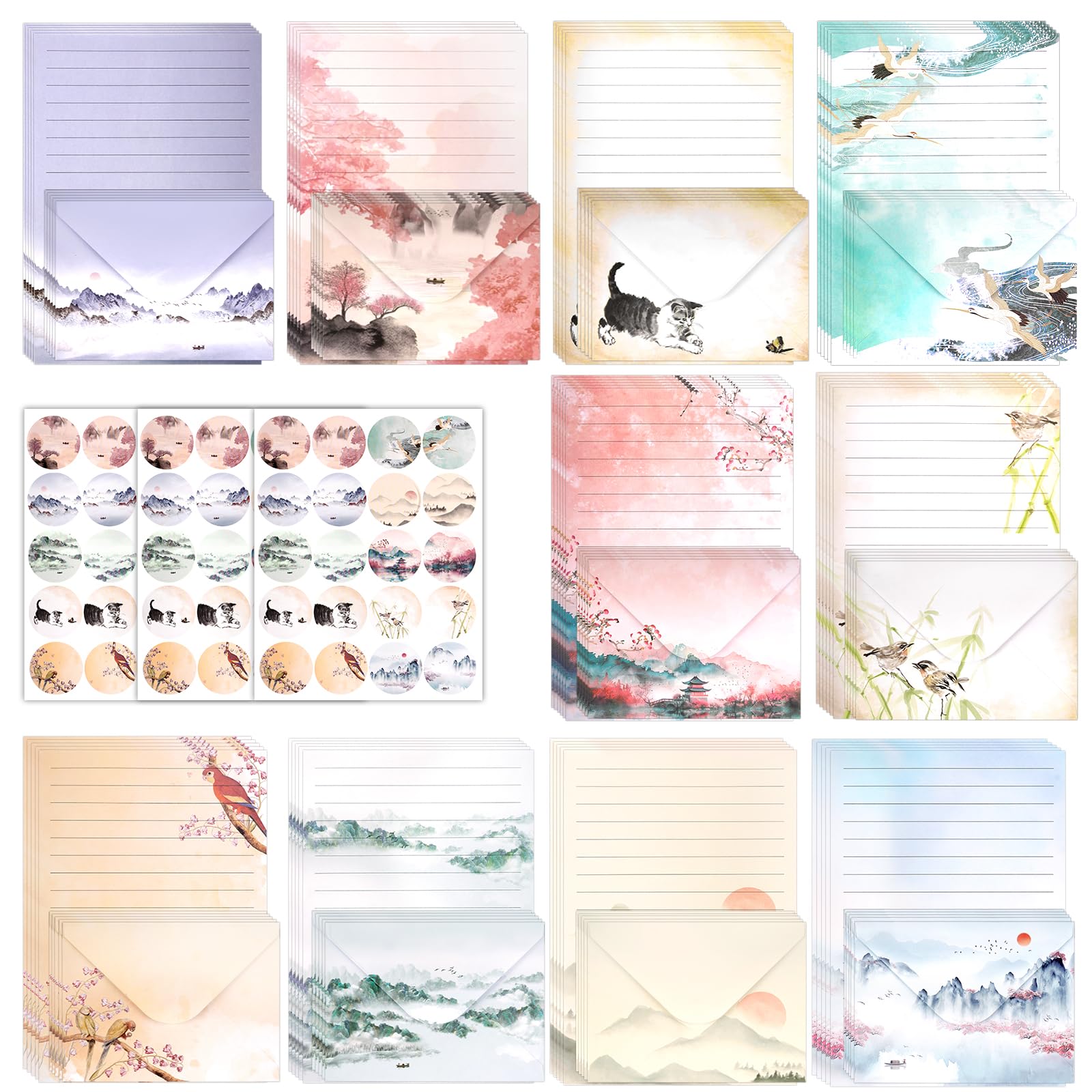 160 Pcs Letter Writing Paper and Envelopes Set, 50 A5 Lined Papers mit 50 Envelopes & 60 Stickers, Oriental Elegance Letter Writing Set for Love Letters, Wedding Invitations, Birthday,Thank You Cards