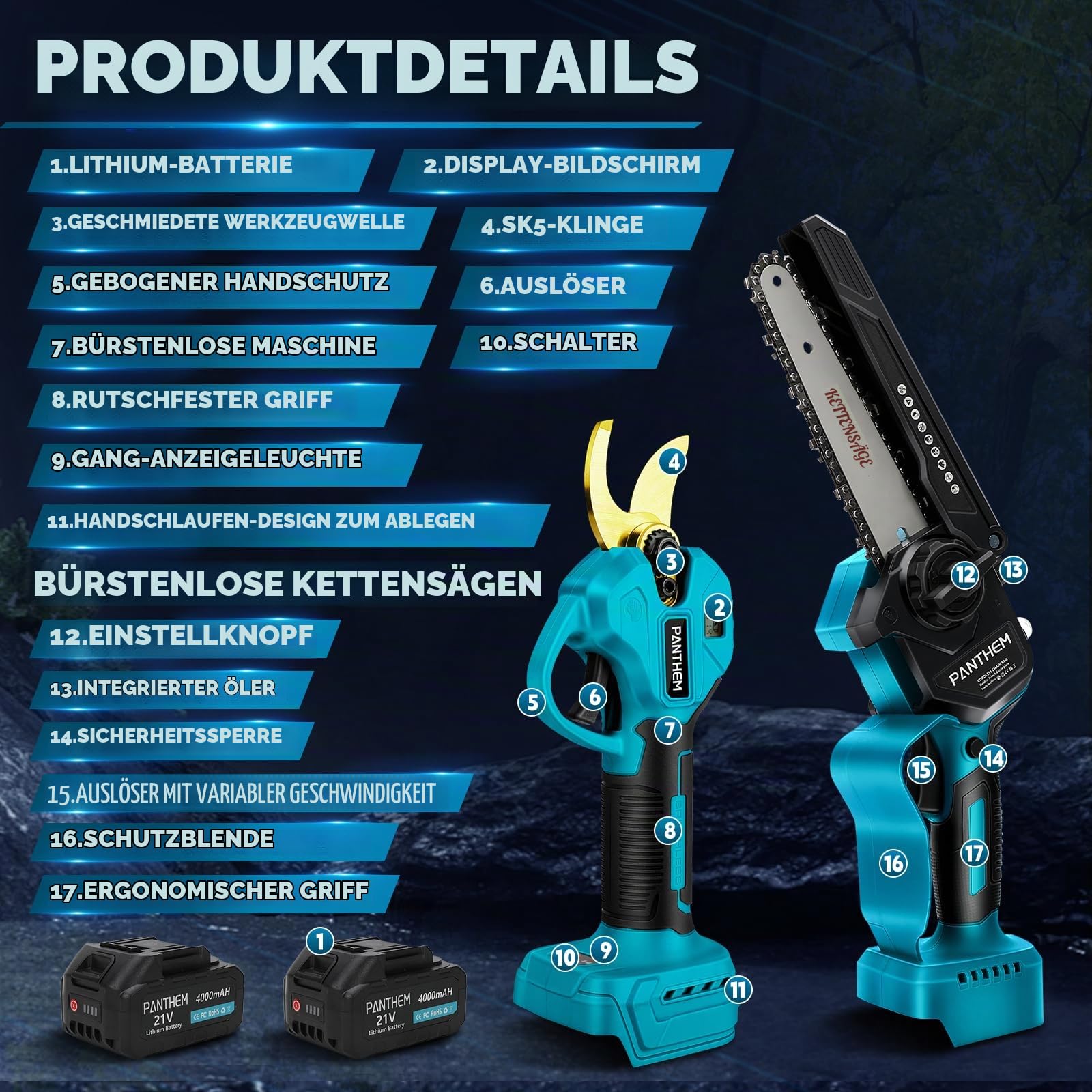 Akku Hochentaster Ast Kettensäge Teleskop 4 IN 1 kompatibel mit Makita 18V