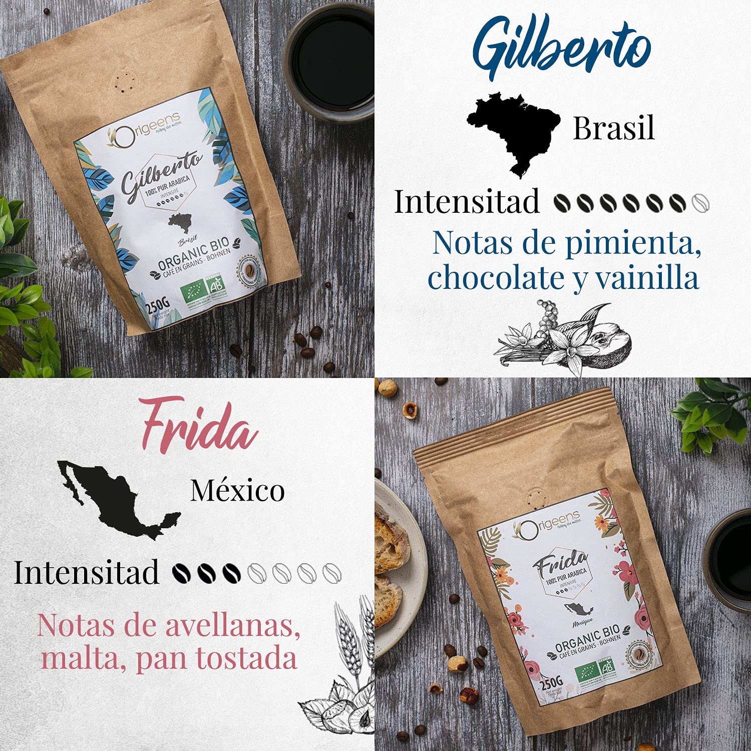 Cafe En Grano Ecólogico 1kg | Granos de Cafe Arabica 4x250g, Tostado Artesanal | Caja Cafe Regalo