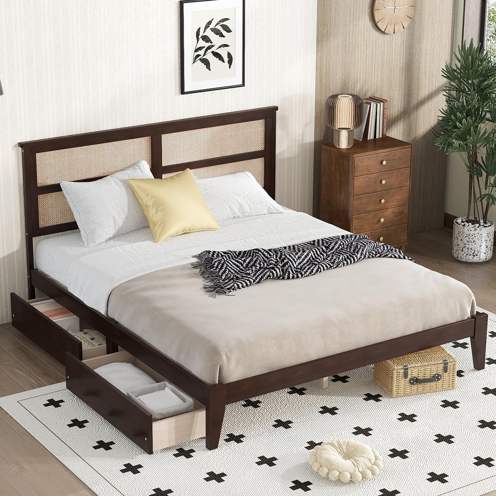 Vintage Country Style Wood King Size Bed Frame White Platform Bed Frame with Headboard Noise-Free King Bedframe for