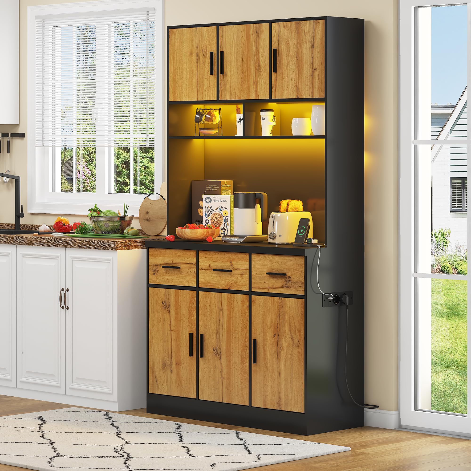 Jaxenor Kitchen Pantry Cupboard with App LED Light, Tall Storage Cupboard with 3 Drawers, Adjustable Shelves, 6 Doors and Charging Station, Kitchen Tall Cabinet for Dining Room, Black+Natural