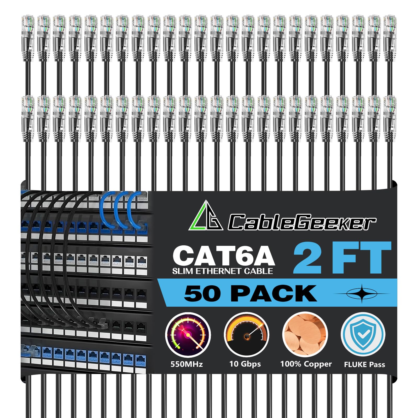 CableGeeker Patch Cables Cat6a 2ft (50 Pack) Slim, Cat6 Ethernet Patch Cable 10G Support, Snagless RJ45 Cat 6 Patch Cable for Patch Panel to Switch,