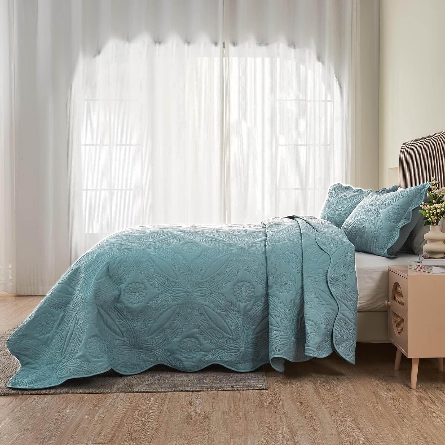 Kingnex Extra Wide Oversized King Bedspreads 128x120 for Tall King or Cal King Bed Ultrasonic Quilted Coverlet Set 3 Piece Include 1 Quilt 2 Pillowcases Blue - Image 5