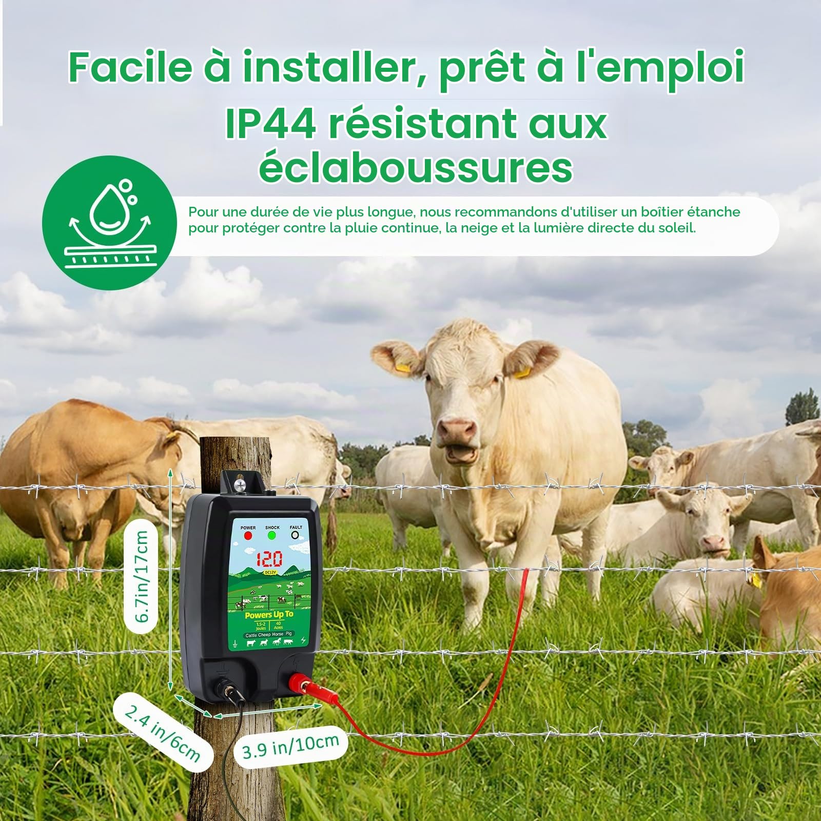 Cloture Electrique 12V avec Affichage LED, Électrificateur de Clôture Électrique pour Chiens Bovins Moutons Chevaux Animaux, Sortie 2J Haute Puissance Portée jusqu’à 10KM