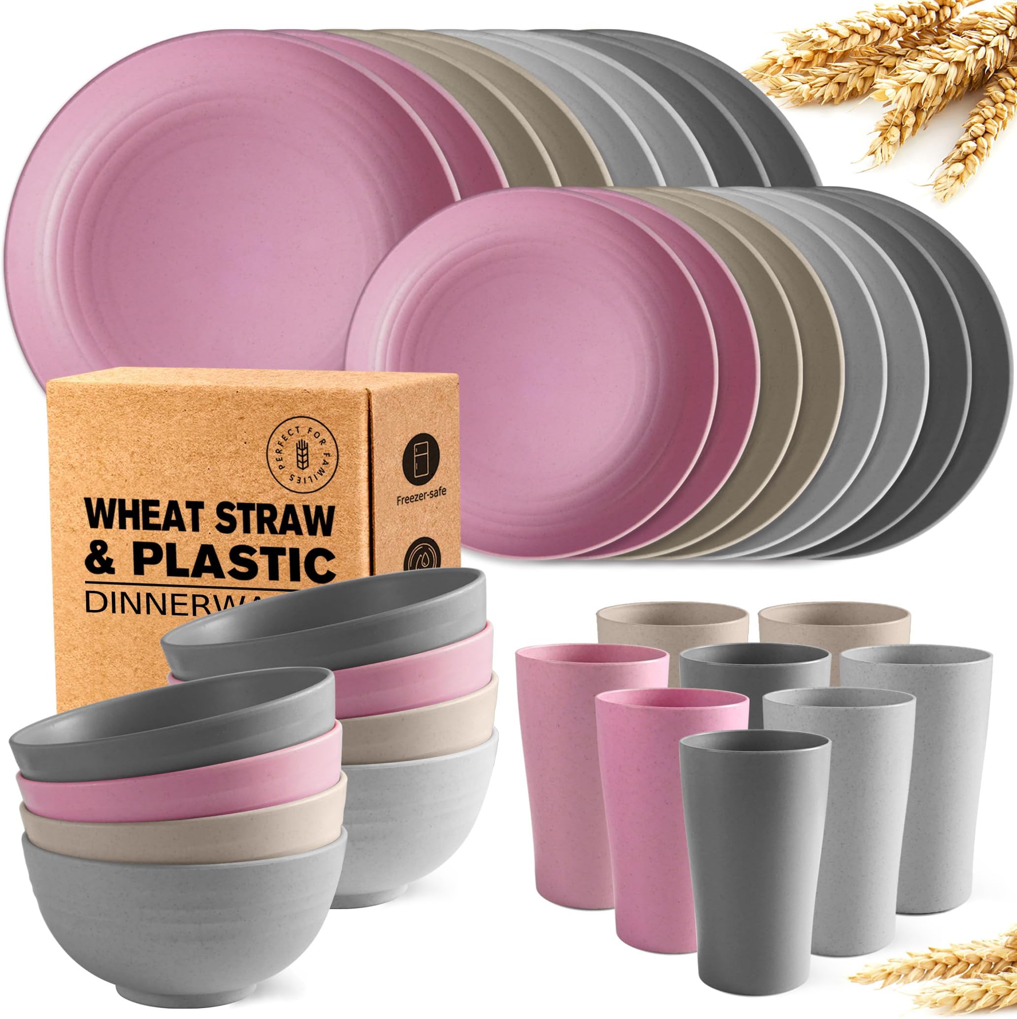 Teivio 32-Piece Kitchen Plastic Wheat Straw Dinnerware Set, Service for 8, Dinner Plates, Dessert Plate, Cereal Bowls, Cups, Unbreakable Colorful Plastic Outdoor Camping Dishes, Orchid Flora