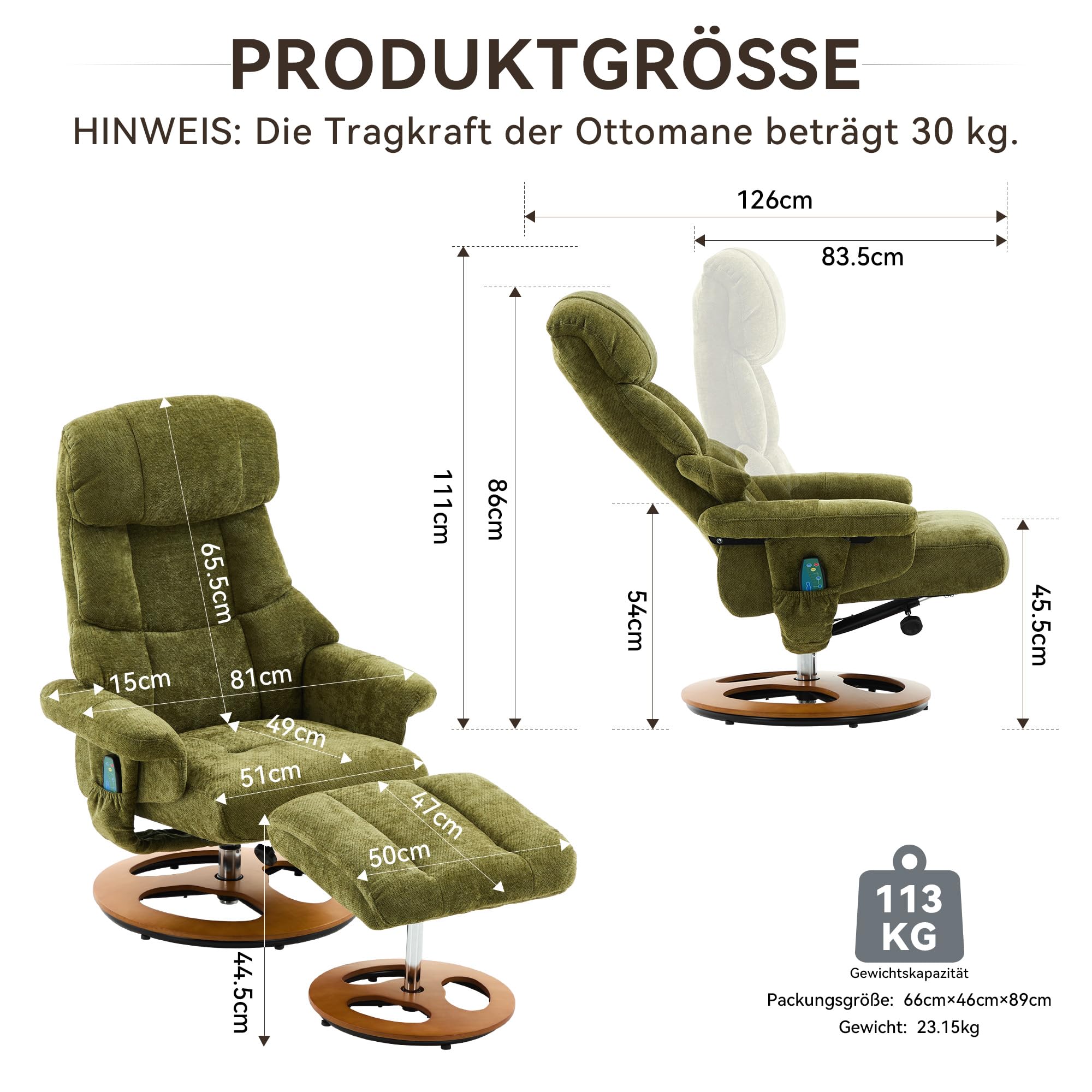LAKFEW Sillon Relax Reclinable Electrico con Reposapiés, Sillon Relax Girar 360° con Masaje y Función de Calefacción, Sillón Reclinable Butaca Sillones para el Salón, Chenilla, 81x126x111 cm, Verde
